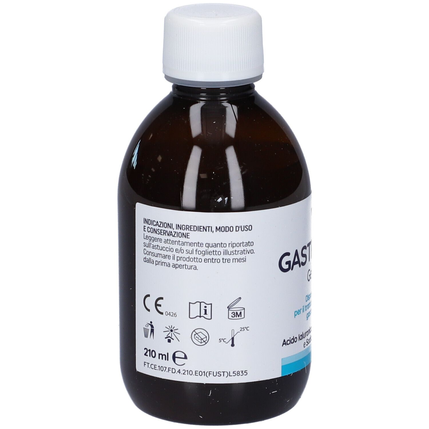 Retro di un flacone marrone con tappo bianco. Contiene informazioni su ingredienti, uso e conservazione. 210 ml.