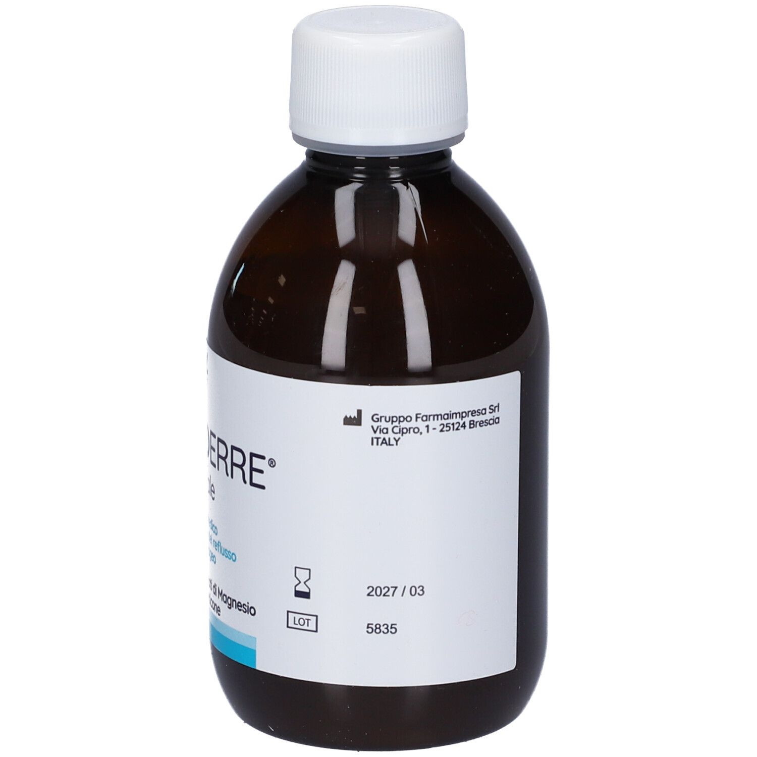 Flacone marrone con tappo bianco. Scritta: Gastroerre. Contiene informazioni sulla produzione e una data di scadenza.