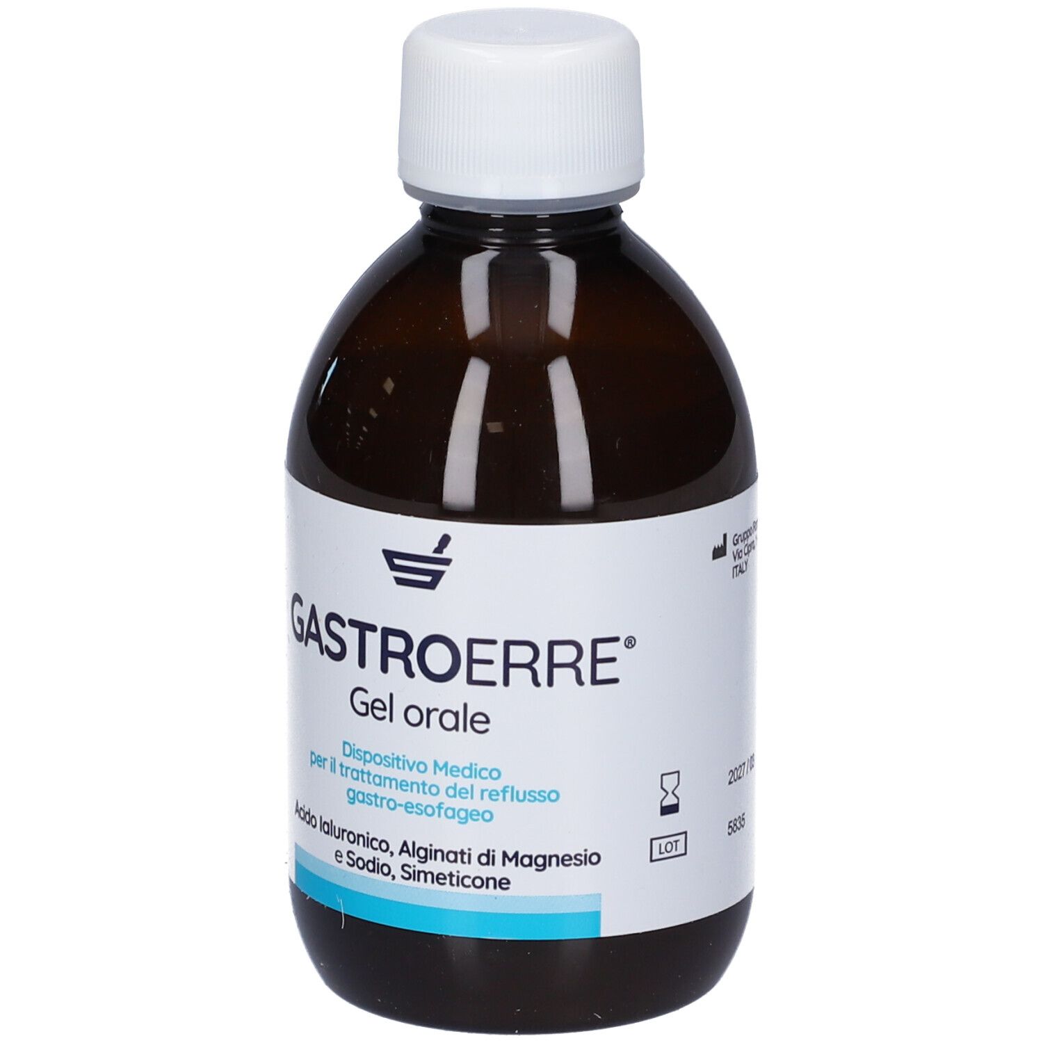 Flacone marrone con tappo bianco. Scritta: Gastroerre Gel orale. Contiene acido ialuronico, alginato di magnesio e sodio.