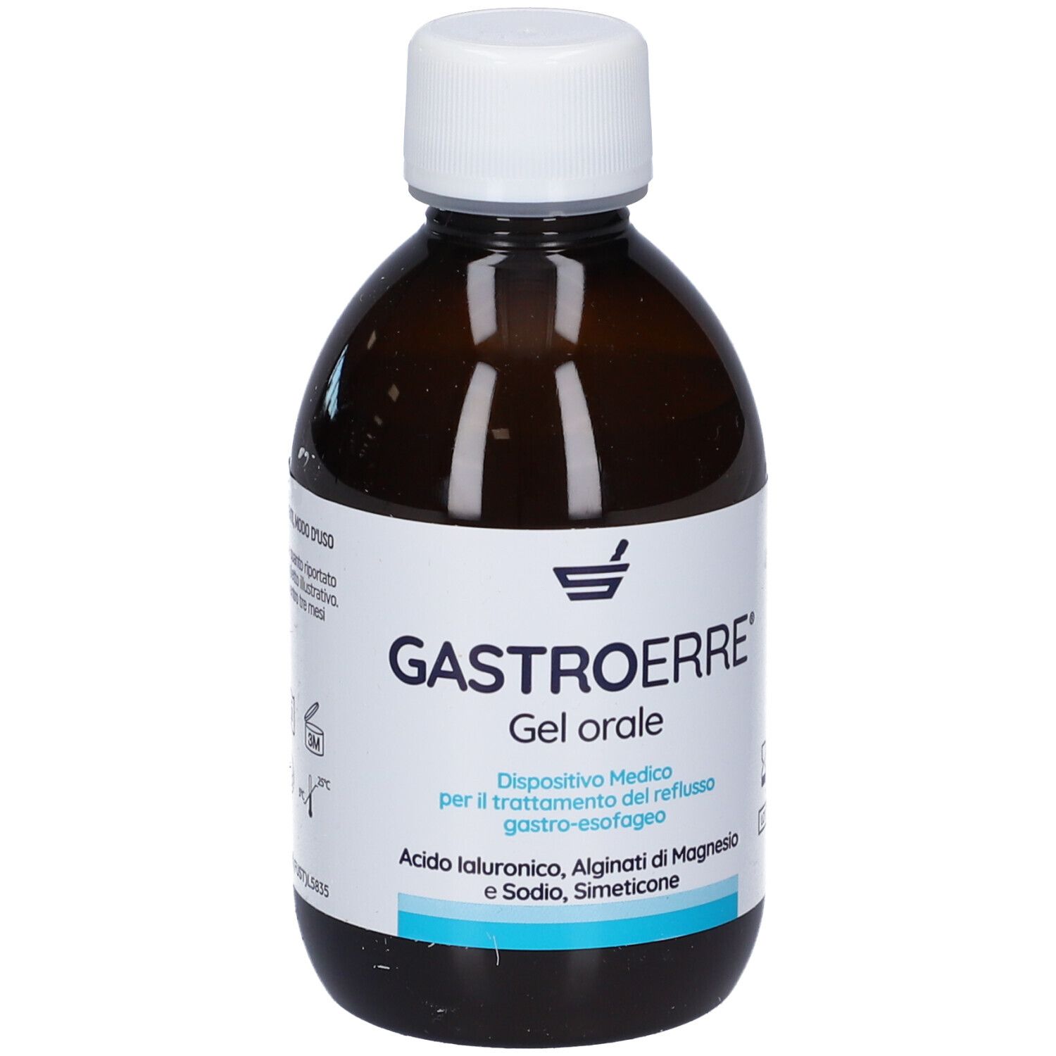 Flacone marrone con tappo bianco. Scritta: Gastroerre Gel orale. Contiene acido ialuronico, alginato di magnesio e sodio.