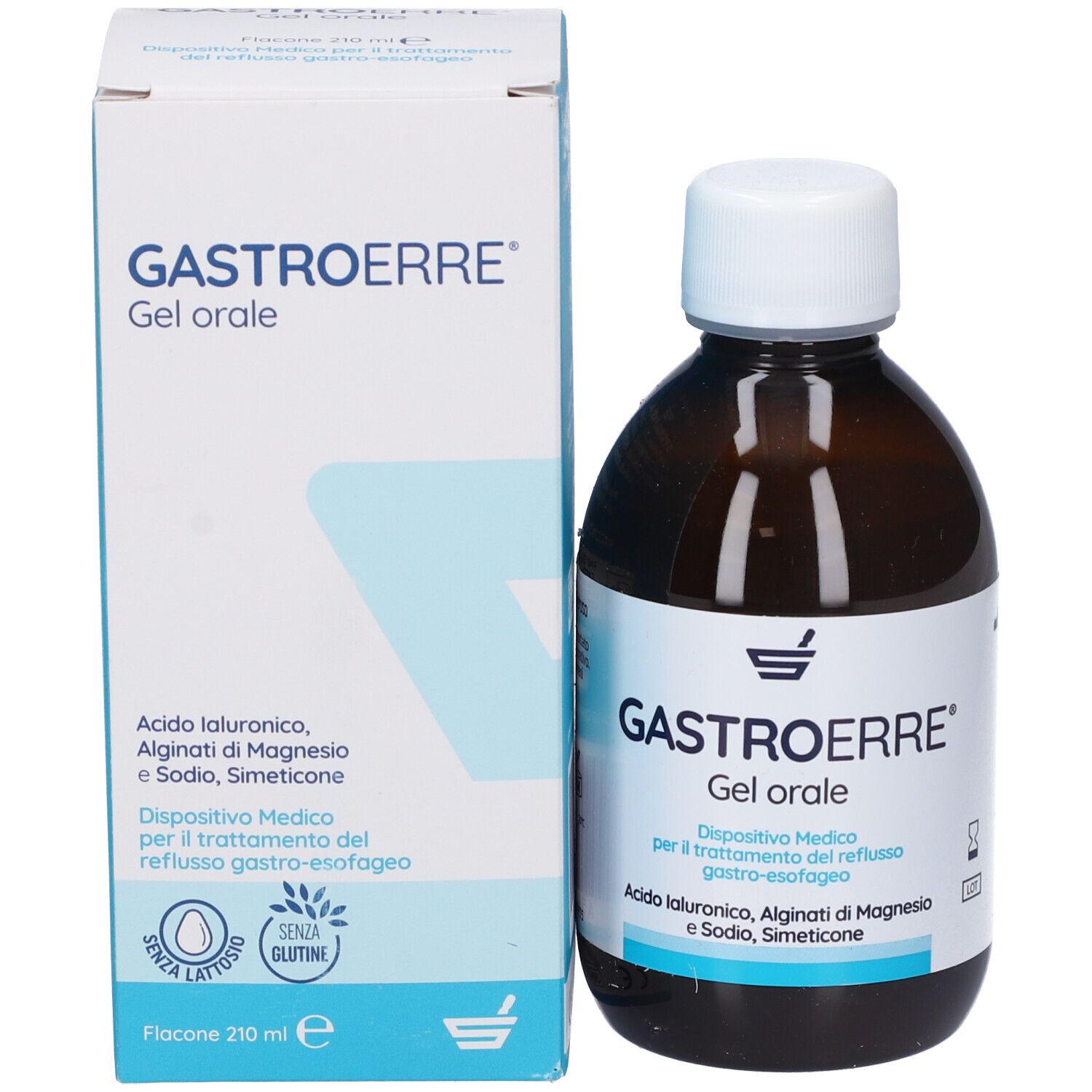 Flacone e confezione Gastroerre Gel orale. Contiene acido ialuronico, alginato di magnesio e sodio. Senza glutine.
