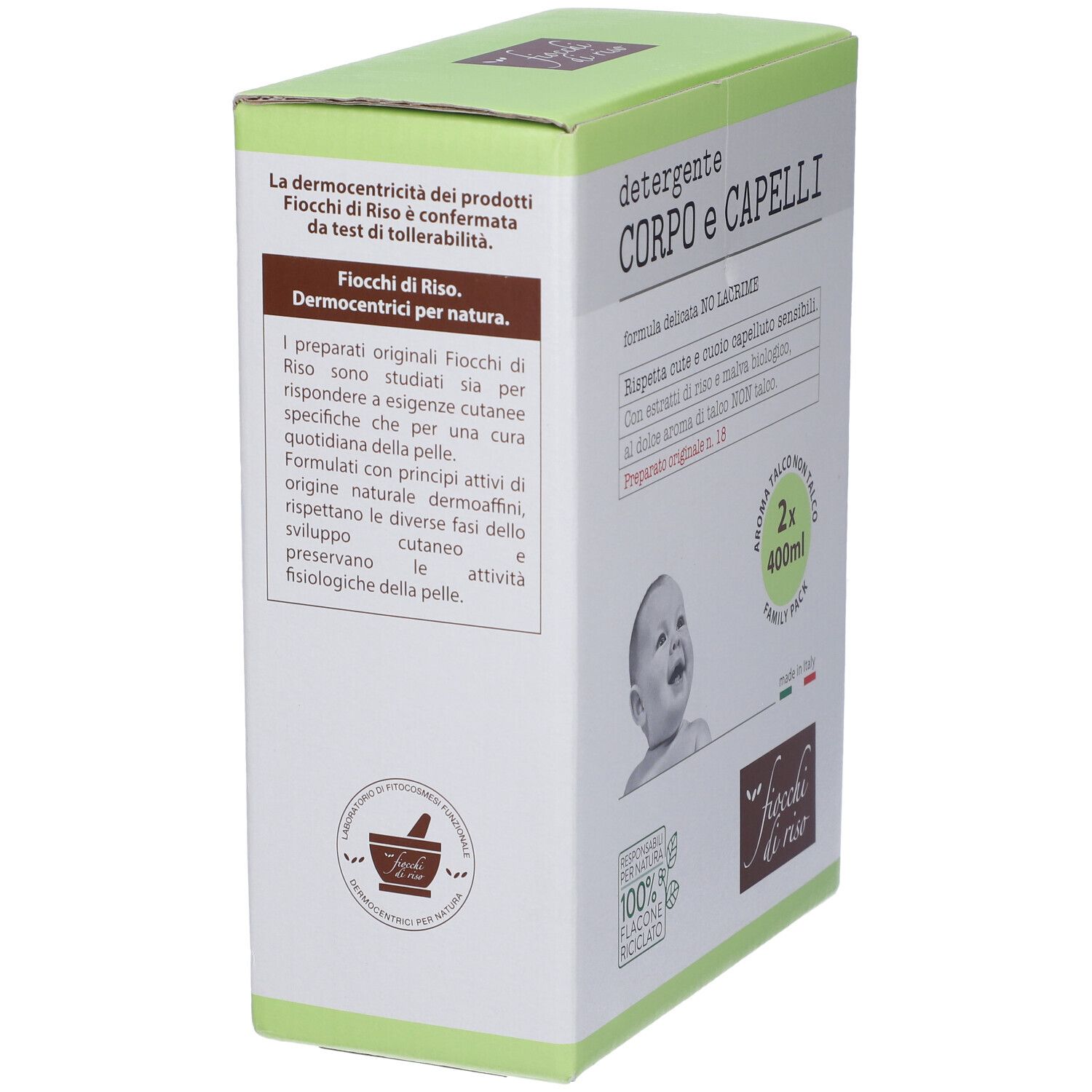 Vista laterale della confezione Fiocchi di Riso Detergente Corpo/Capelli. Testo e logo del prodotto visibili.