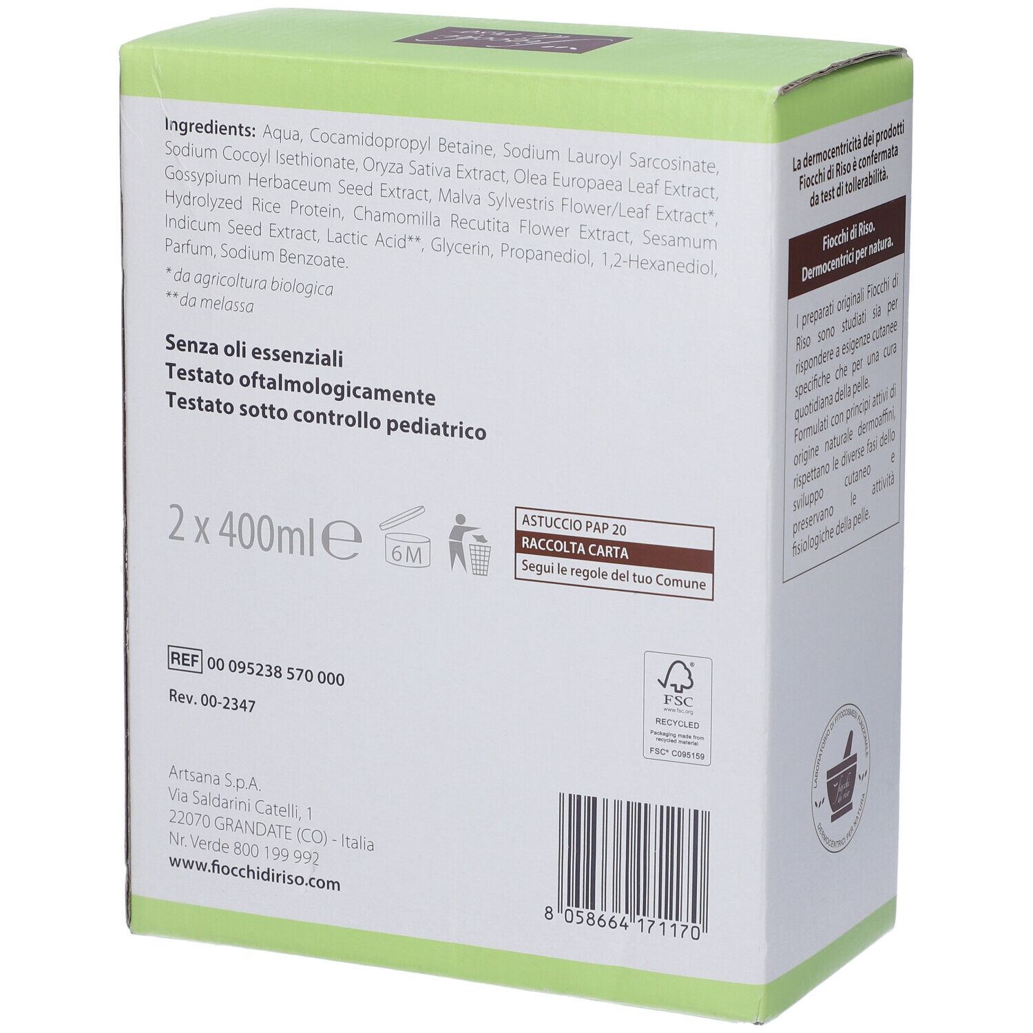 Retro della confezione Fiocchi di Riso Detergente Corpo/Capelli. Elenco ingredienti, informazioni di riciclo e contatti.