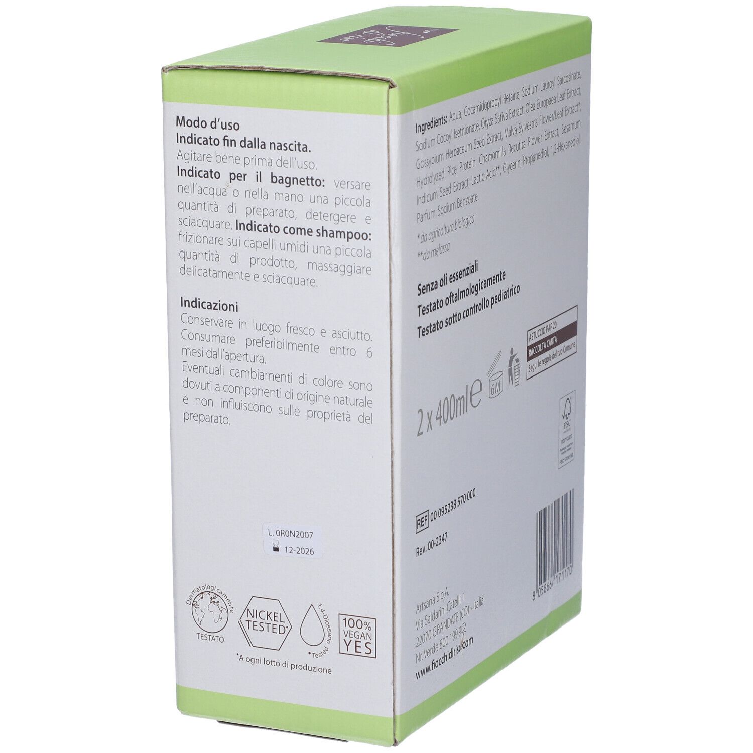 Vista della confezione Fiocchi di Riso Detergente Corpo/Capelli. Istruzioni per l'uso e ingredienti visibili.