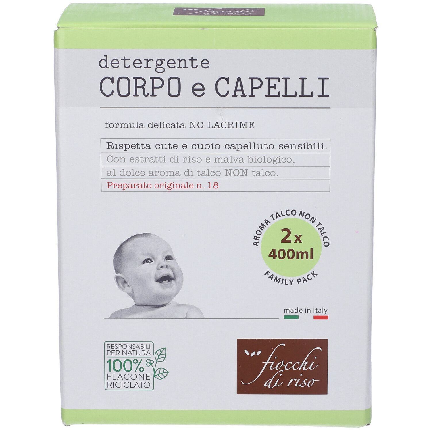 Vista frontale della confezione Fiocchi di Riso Detergente Corpo/Capelli. Nome del prodotto, illustrazione del bambino e indicazione della dimensione.