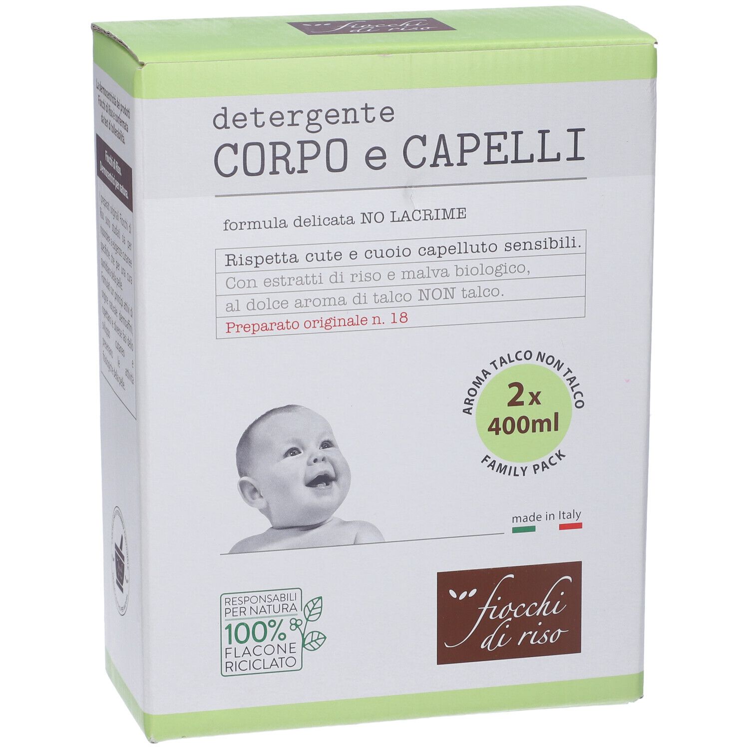 Vista frontale della confezione Fiocchi di Riso Detergente Corpo/Capelli. Nome del prodotto, illustrazione del bambino e indicazione della dimensione.