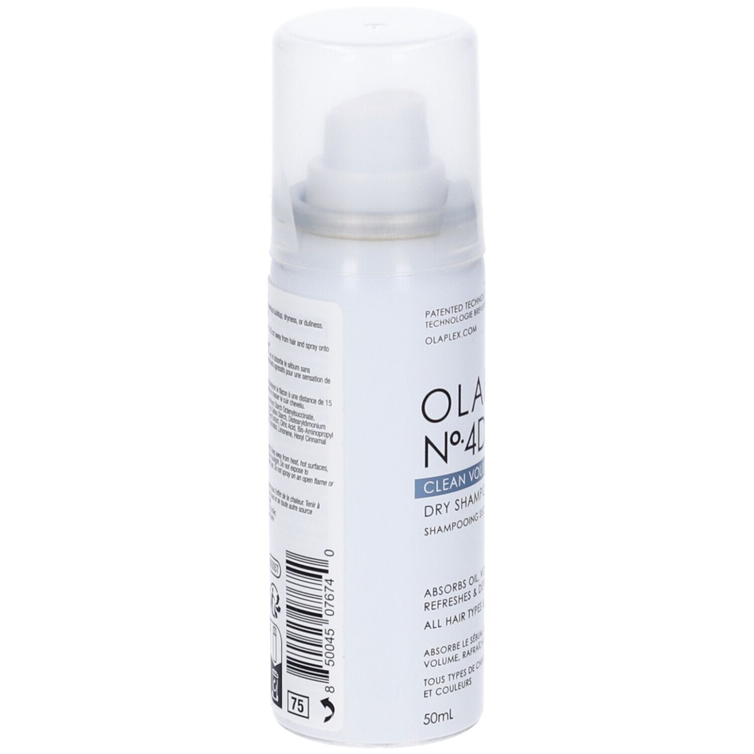 Olaplex No. 4D shampoo secco. Flacone spray bianco con tappo trasparente. Retro con testo e codice a barre.