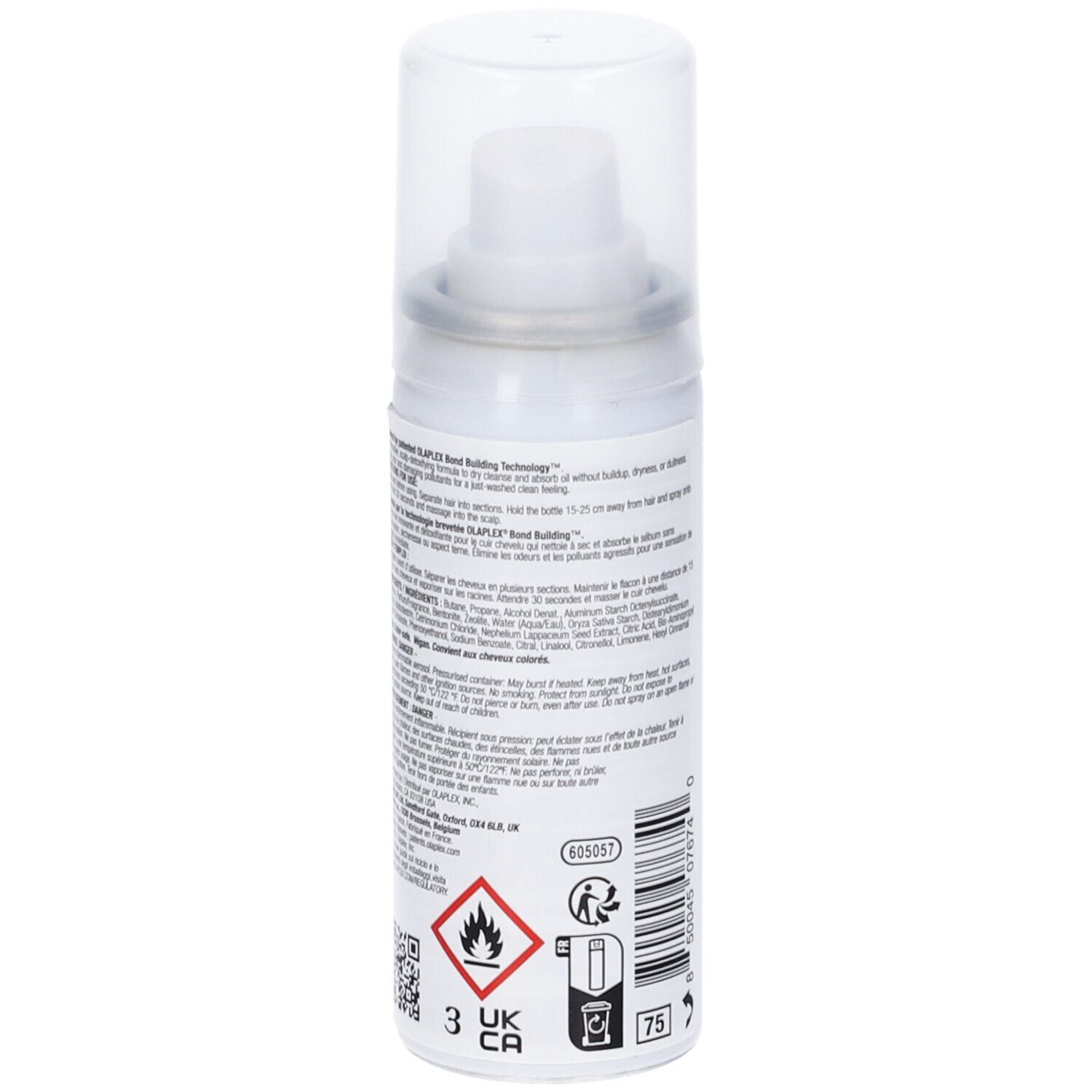 Olaplex No. 4D shampoo secco. Flacone spray bianco con tappo trasparente. Retro con testo, avvertenze e simboli.