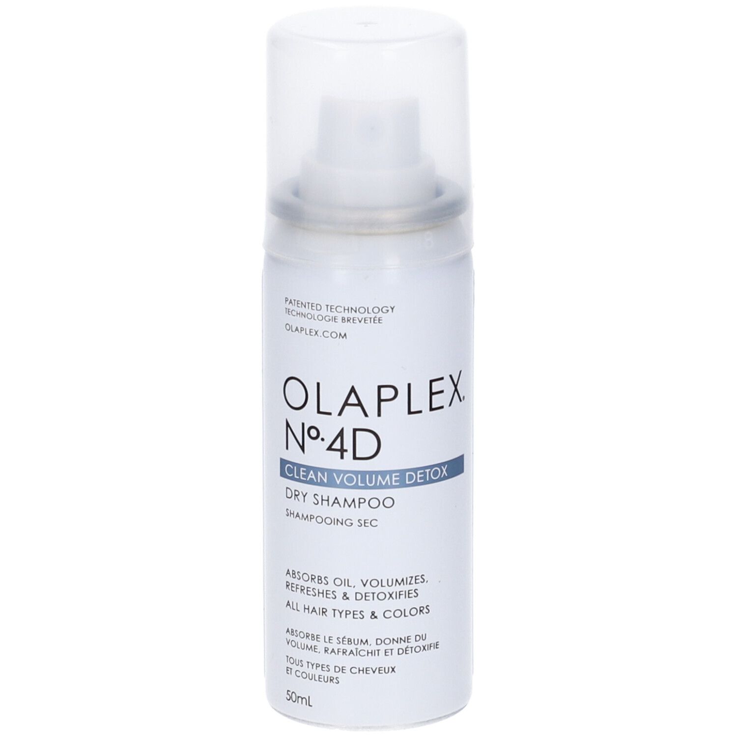 Olaplex No. 4D shampoo secco. Flacone spray bianco con tappo trasparente. Testo e nome del prodotto stampati.