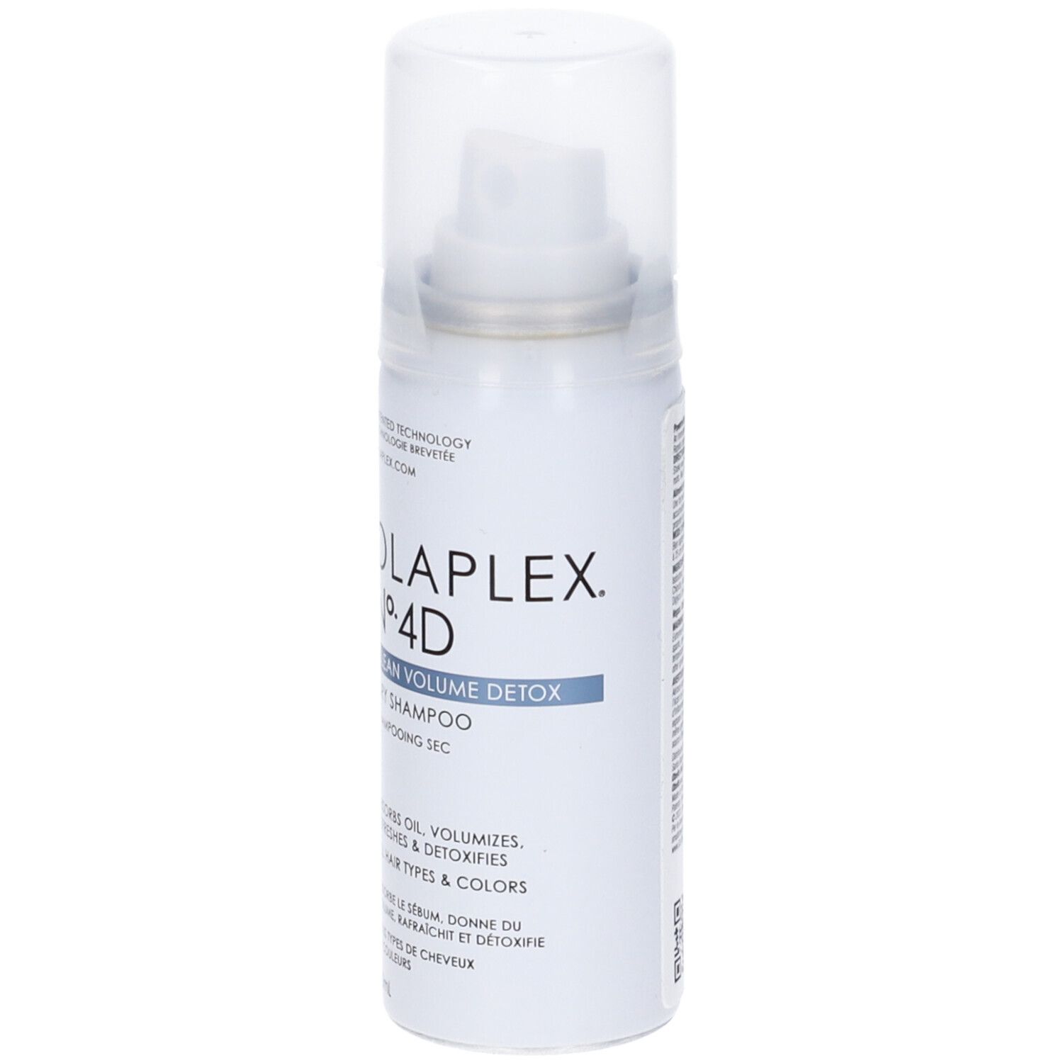 Olaplex No. 4D shampoo secco. Flacone spray bianco con tappo trasparente. Testo e nome del prodotto stampati.