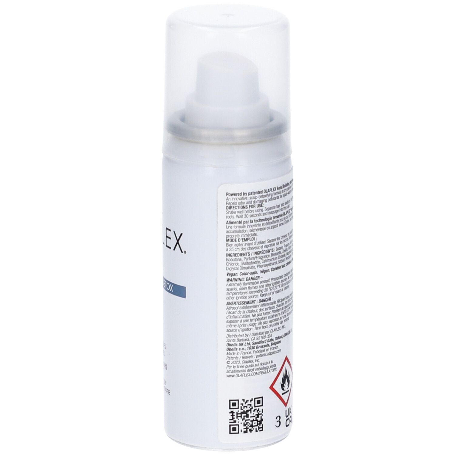 Olaplex No. 4D shampoo secco. Flacone spray bianco con tappo trasparente. Retro con testo, avvertenze e simboli.