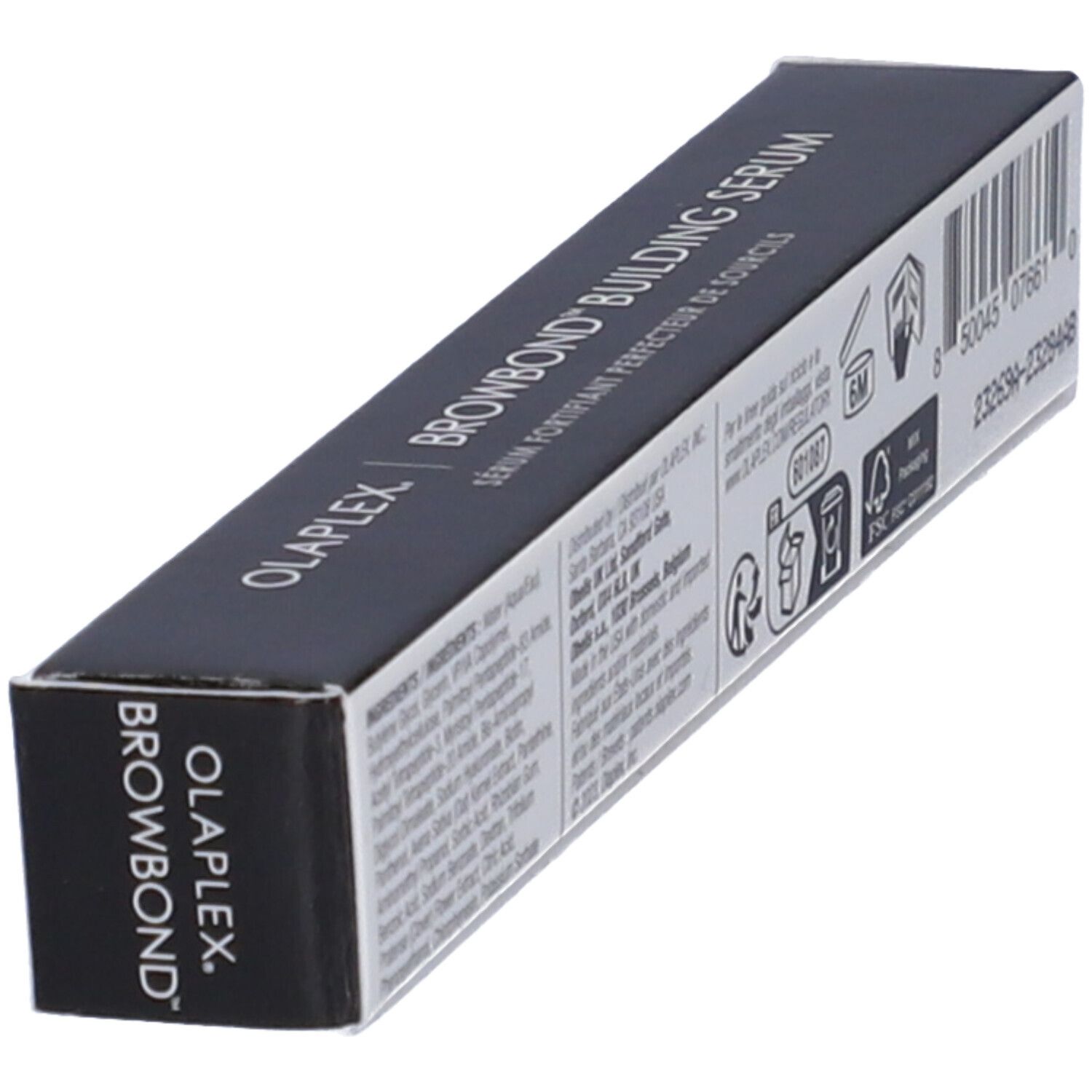 Confezione Olaplex Browbond Building Serum. Nera, in diagonale. Nome e informazioni del prodotto. 3,5 ml.