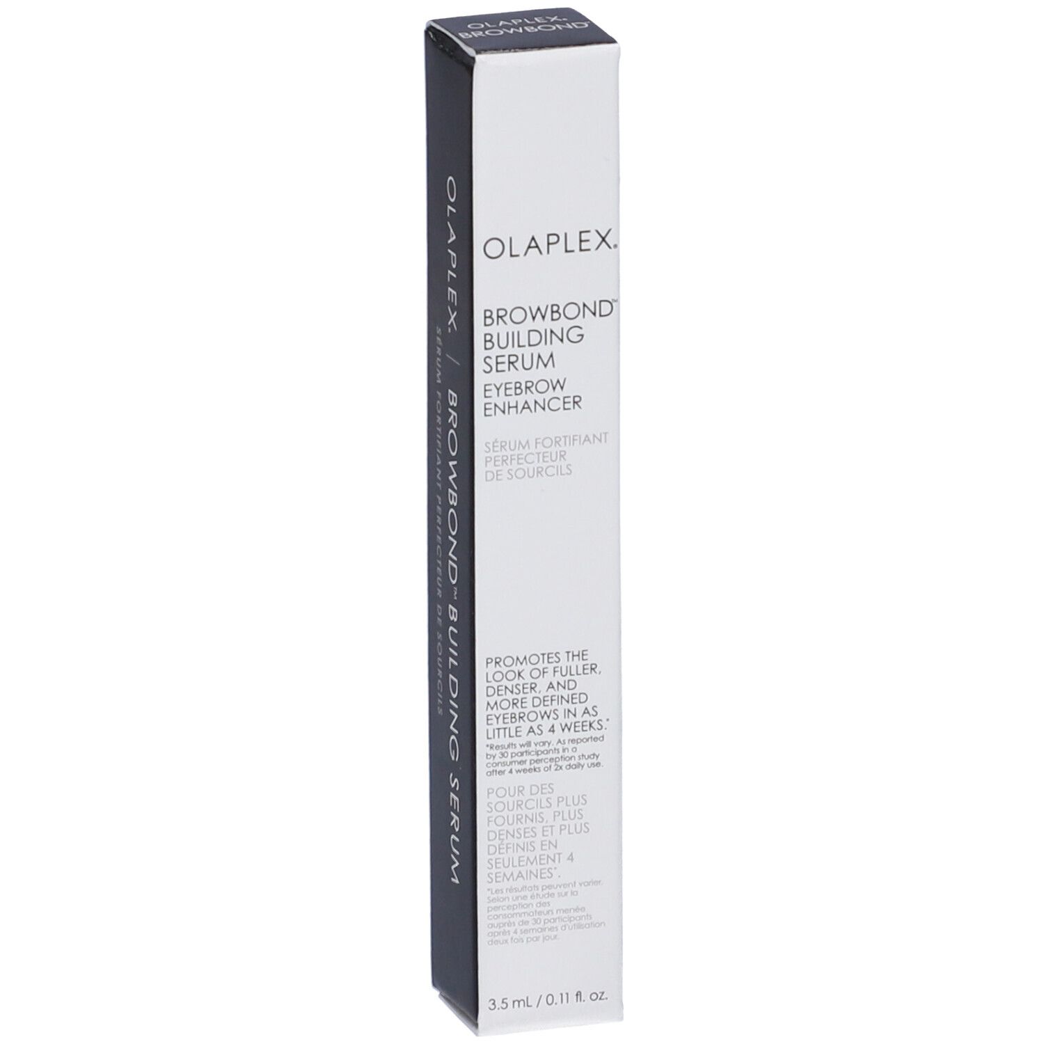 Confezione Olaplex Browbond Building Serum. Nera e bianca, nome e descrizione del prodotto. 3,5 ml.