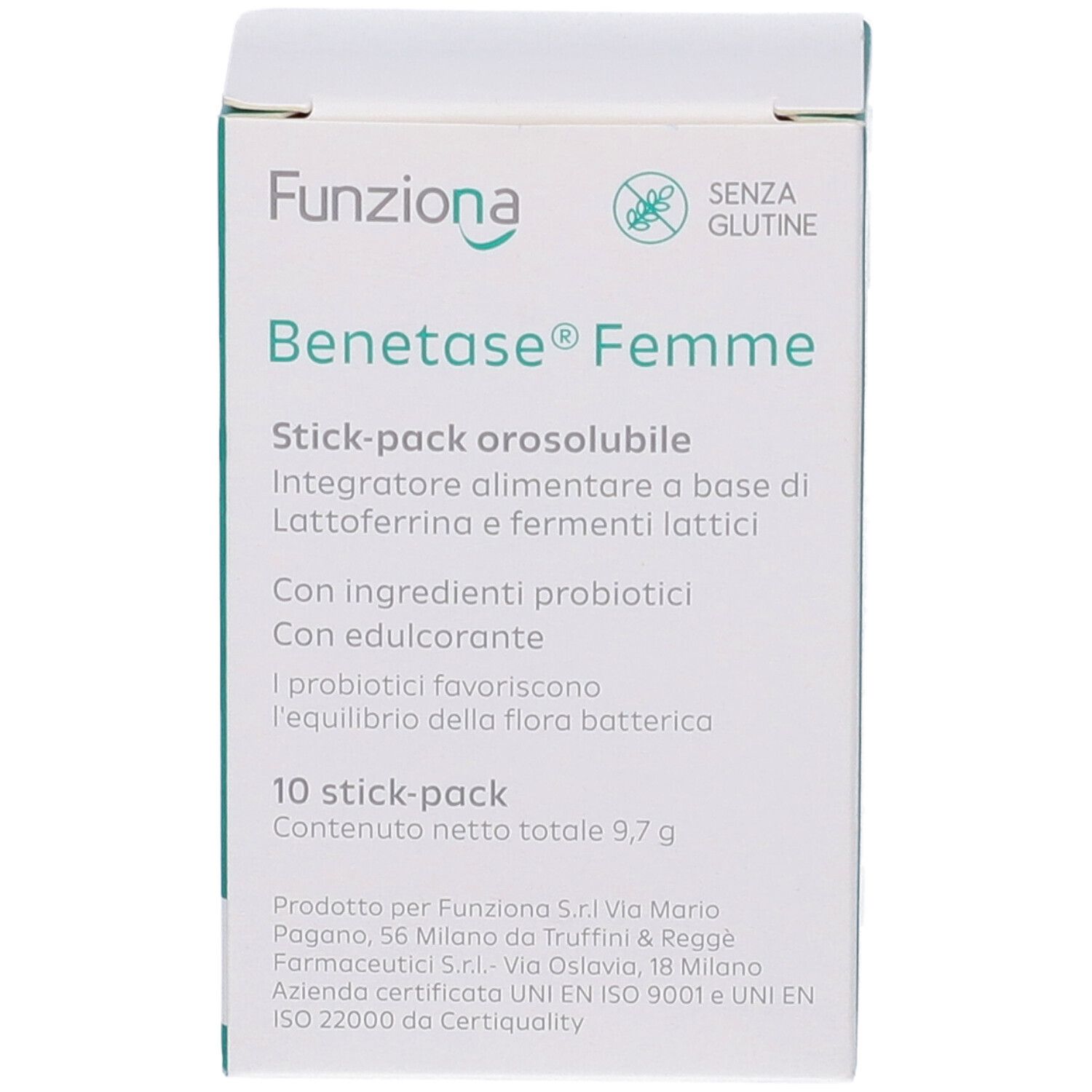 Fronte della confezione Benetase Femme. Contiene nome del prodotto, marchio e informazioni. Senza glutine.