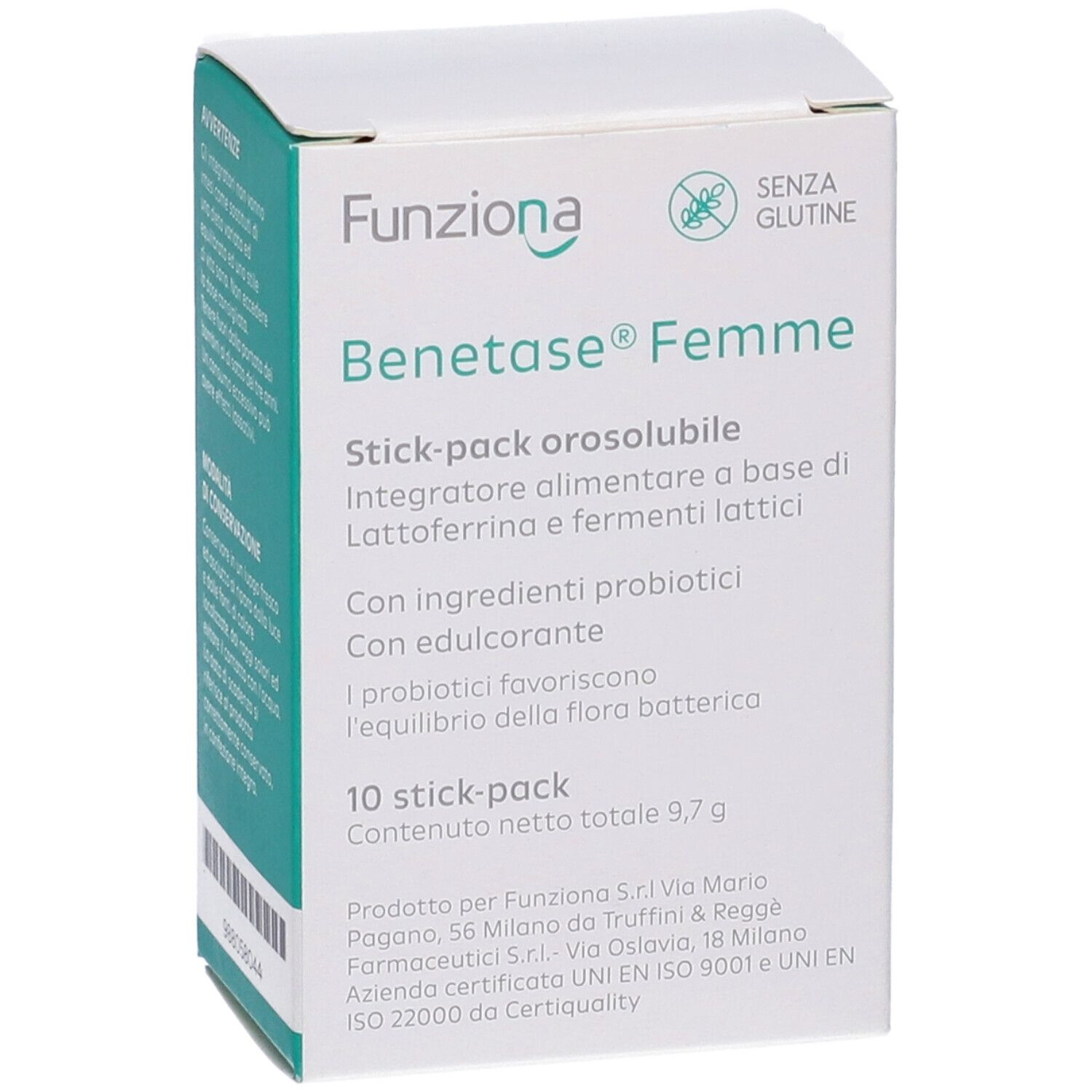 Fronte della confezione Benetase Femme. Contiene nome del prodotto, marchio e informazioni. Senza glutine.