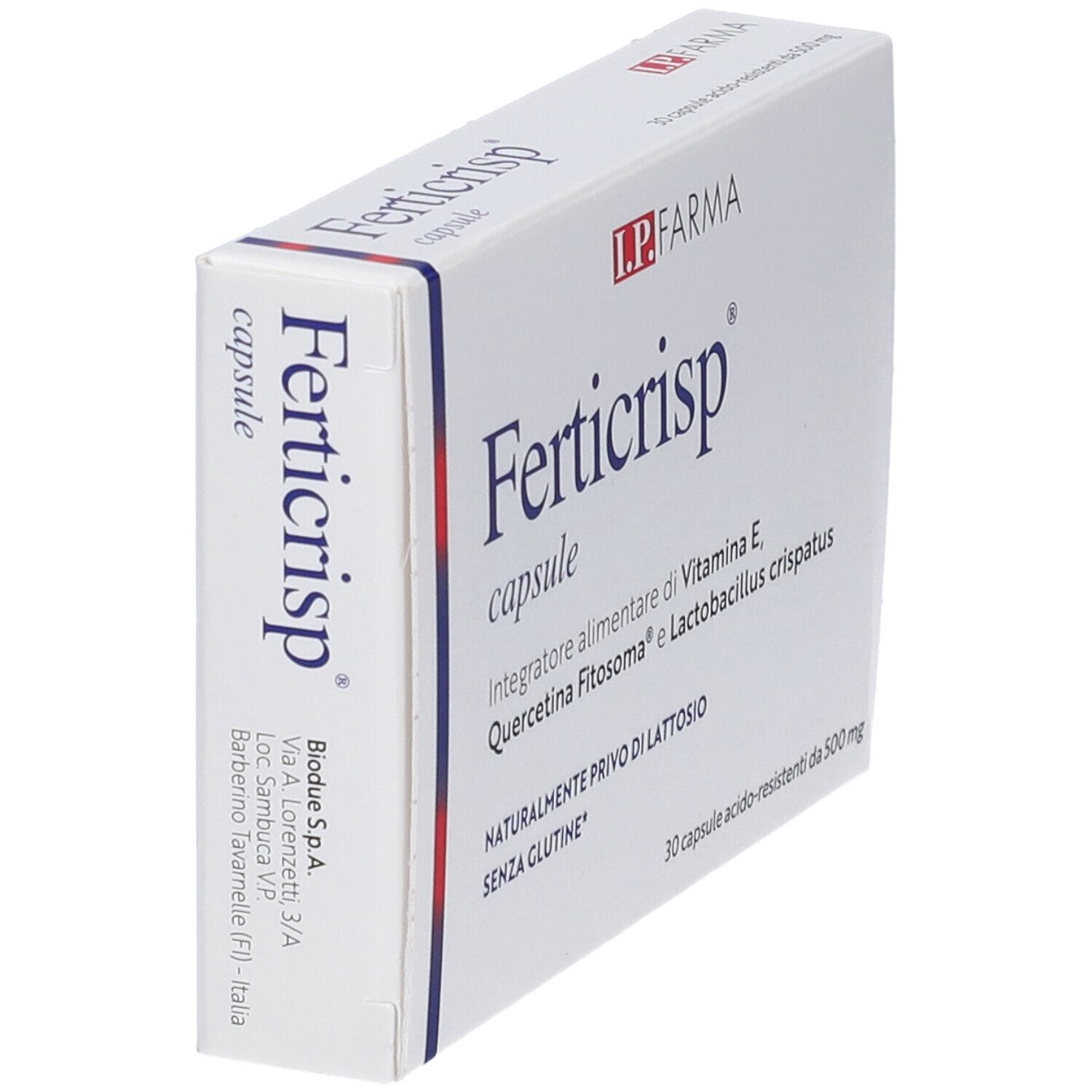 Scatola 'Ferticrisp capsule' angolata. 30 capsule. Logo 'L.P. FARMA'. Senza lattosio e glutine.