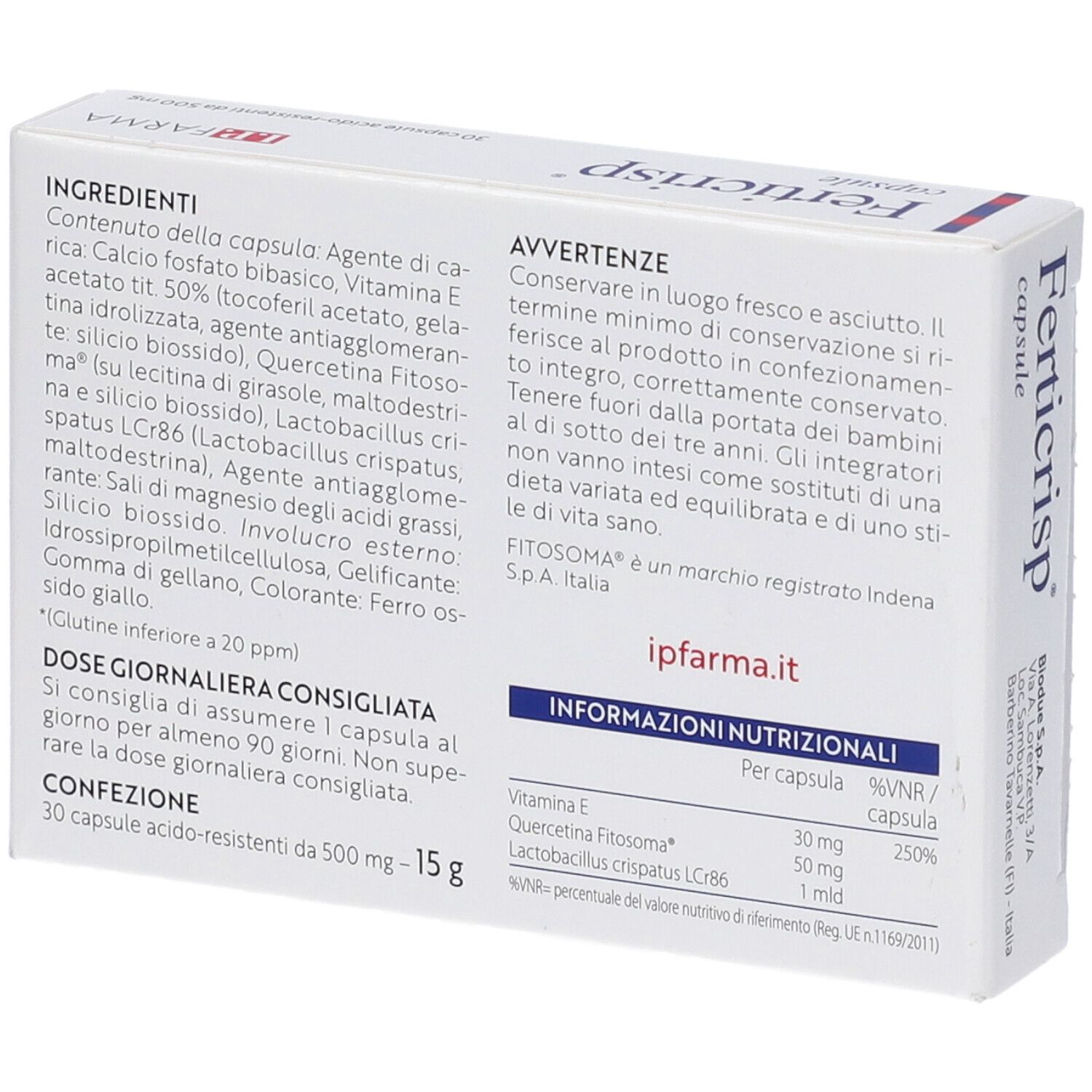 Retro scatola 'Ferticrisp'. Ingredienti, dosaggio, avvertenze e informazioni nutrizionali. 'ipfarma.it'.