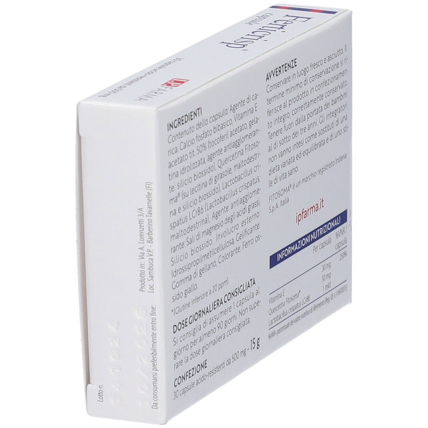 Scatola 'Ferticrisp' angolata. Ingredienti, dosaggio, avvertenze e informazioni nutrizionali. 'ipfarma.it'.