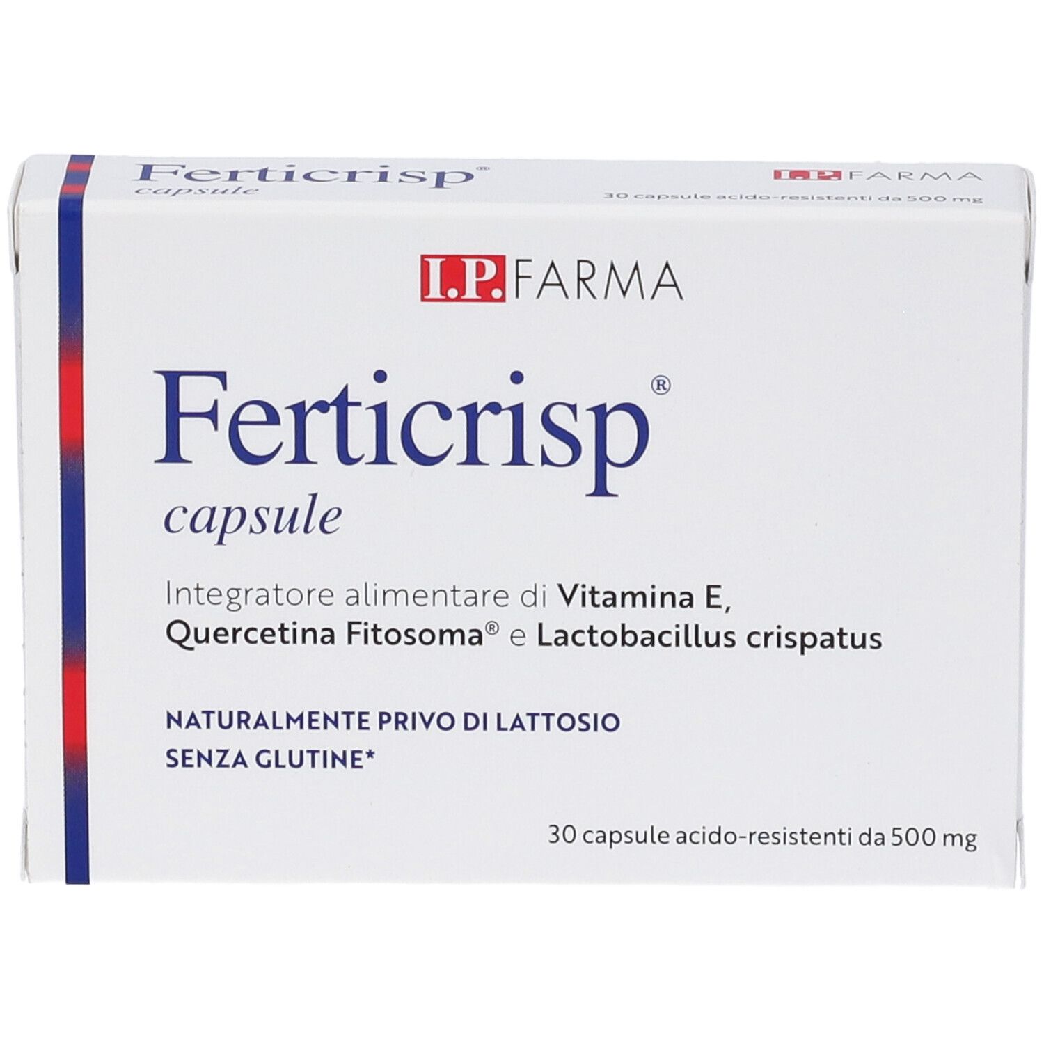 Scatola bianca 'Ferticrisp capsule'. 30 capsule. Logo 'L.P. FARMA'. Senza lattosio e glutine.