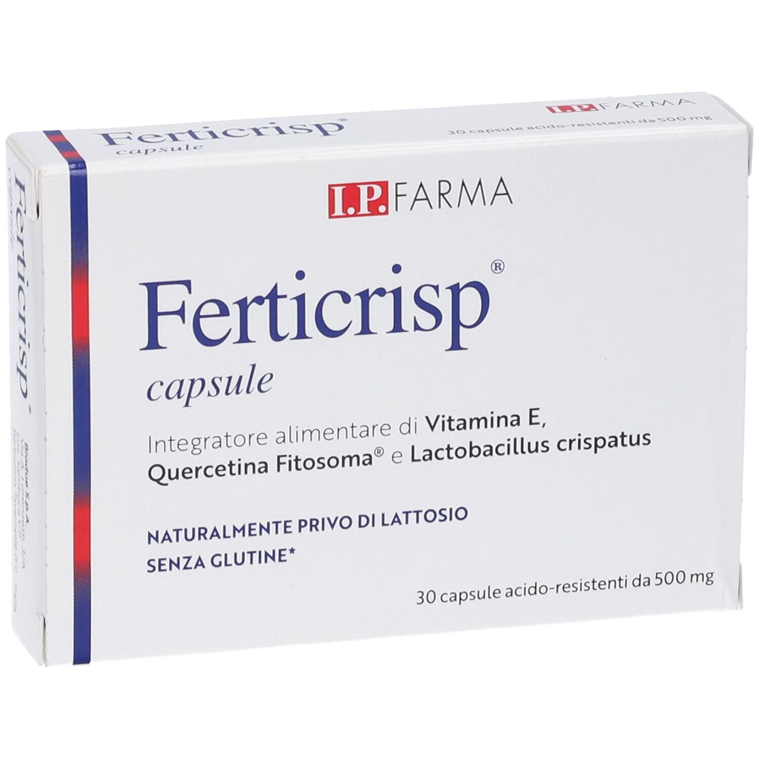 Scatola bianca 'Ferticrisp capsule'. 30 capsule. Logo 'L.P. FARMA'. Senza lattosio e glutine.