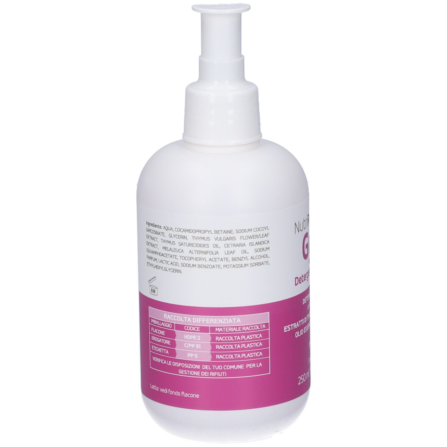 Retro del flacone bianco. Etichetta rosa con ingredienti e altre informazioni sul prodotto.