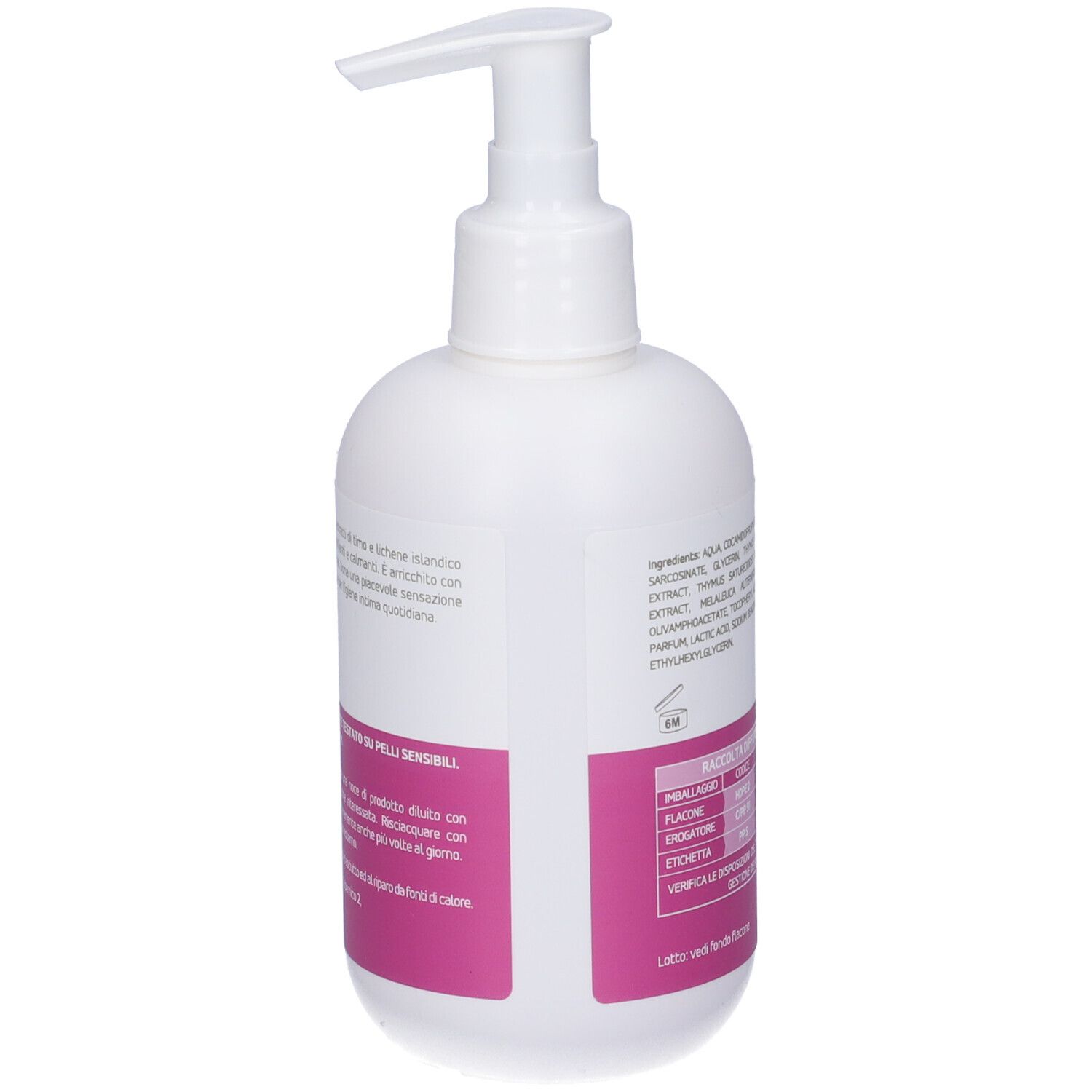 Retro del flacone bianco. Etichetta rosa con informazioni sul prodotto e ingredienti.