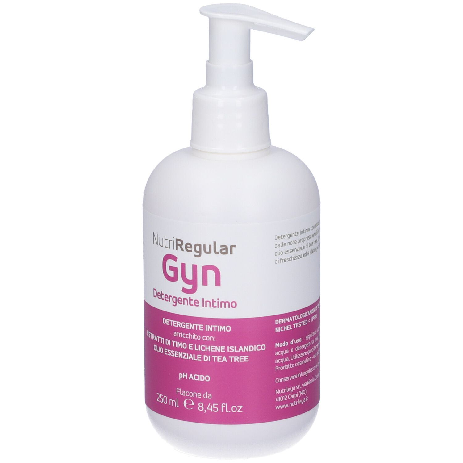 Flacone bianco con dosatore. Etichetta rosa con informazioni, ingredienti e istruzioni per l'uso.