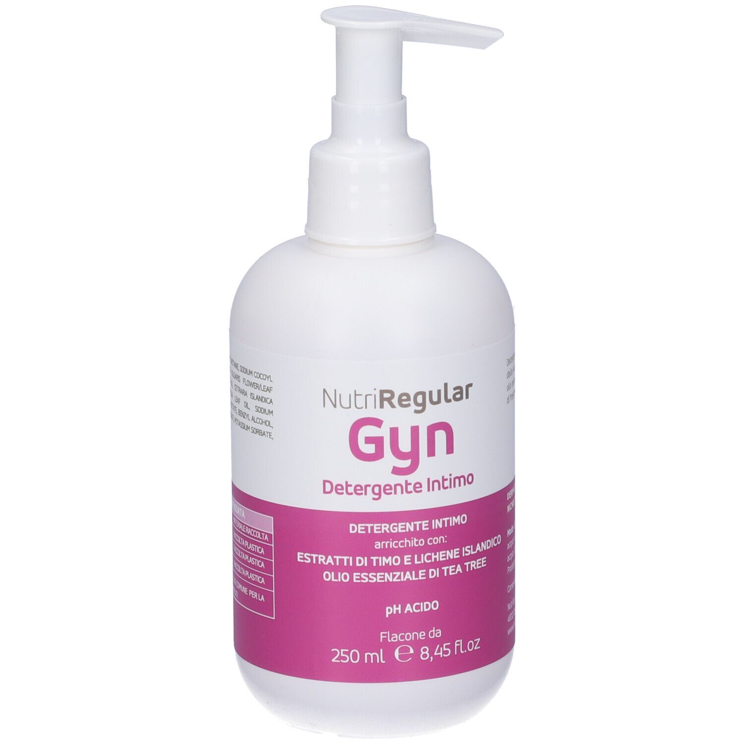Flacone bianco con dosatore. Etichetta rosa con informazioni, ingredienti e istruzioni per l'uso.