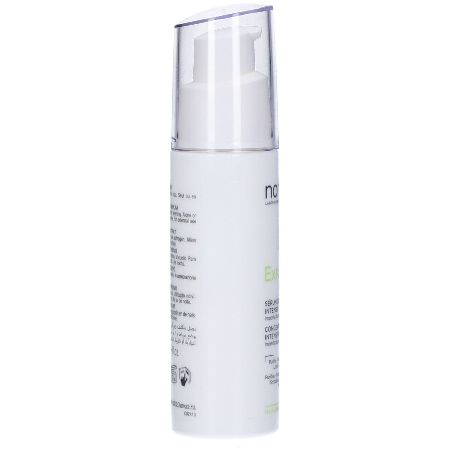 Siero bianco con dosatore. Scritta: Noreva, Exfoliac Peel, Sérum Concentré Intensif. Per imperfezioni e segni dell'età.