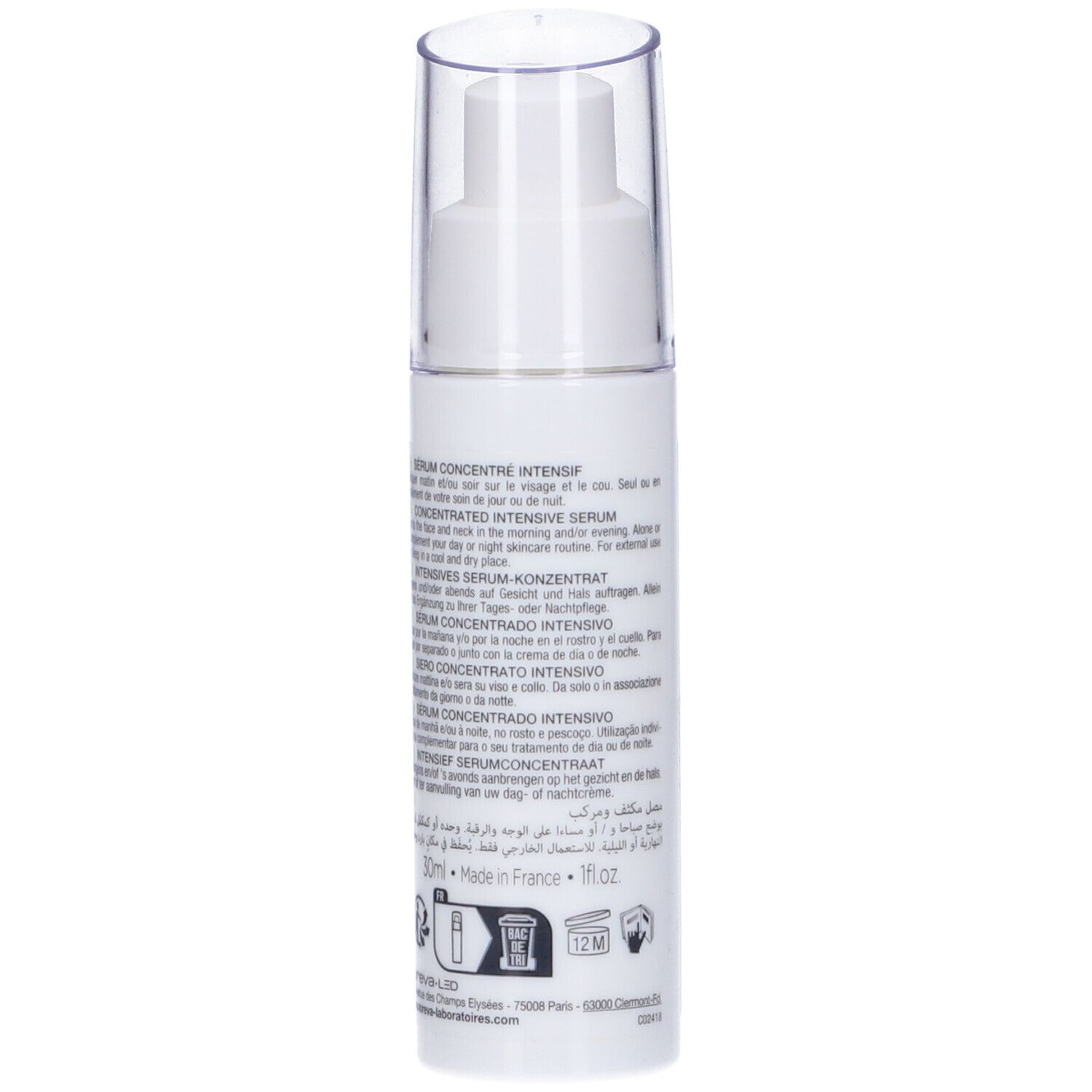 Siero bianco con dosatore. Scritta: Noreva, Exfoliac Peel, Sérum Concentré Intensif. Per imperfezioni e segni dell'età.