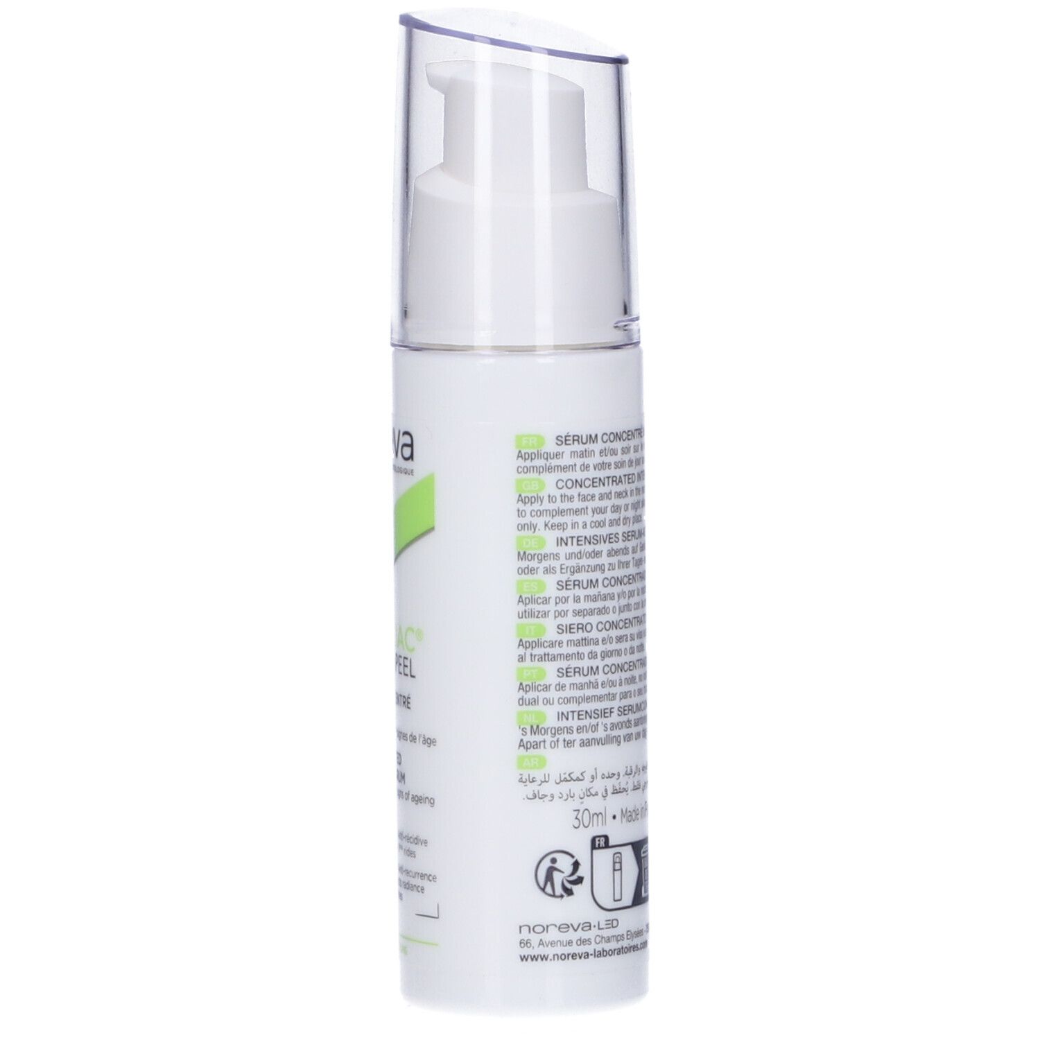 Siero bianco con dosatore. Scritta: Noreva, Exfoliac Peel, Sérum Concentré Intensif. Per imperfezioni e segni dell'età.