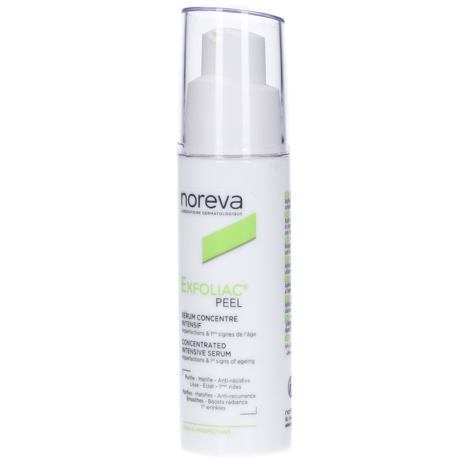 Siero bianco con dosatore. Scritta: Noreva, Exfoliac Peel, Sérum Concentré Intensif. Per imperfezioni e segni dell'età.