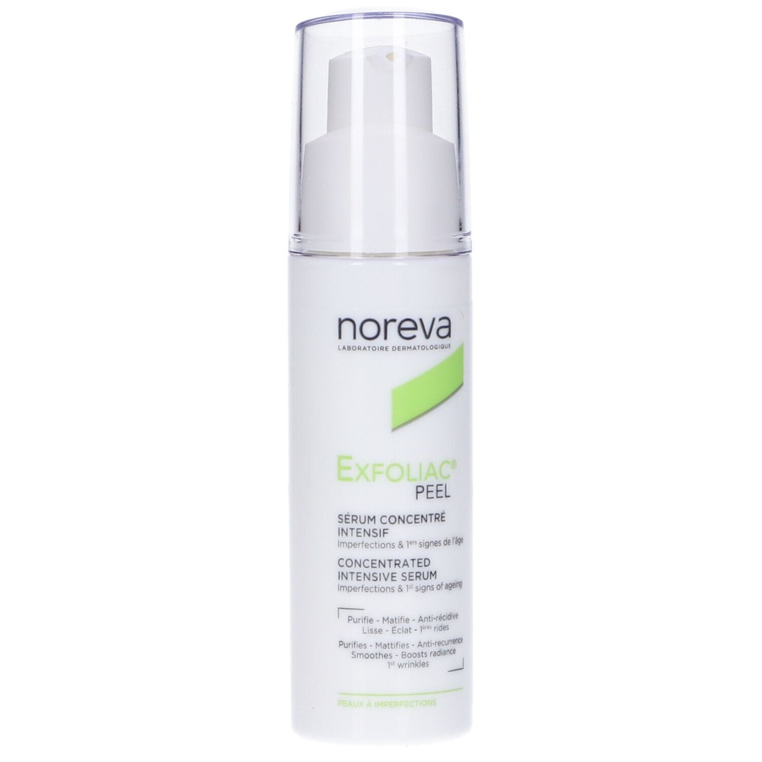 Siero bianco con dosatore. Scritta: Noreva, Exfoliac Peel, Sérum Concentré Intensif. Per imperfezioni e segni dell'età.