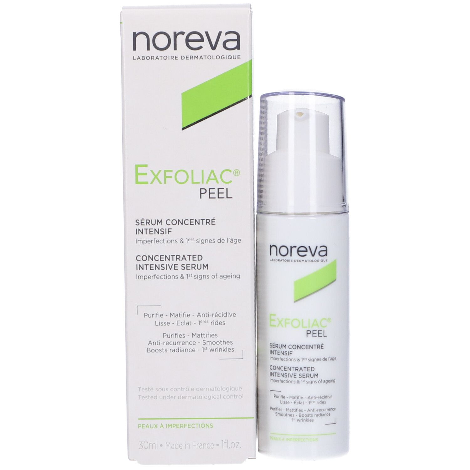Flacone di siero e confezione. Scritta: Noreva, Exfoliac Peel, Sérum Concentré Intensif. Per imperfezioni e segni dell'età.