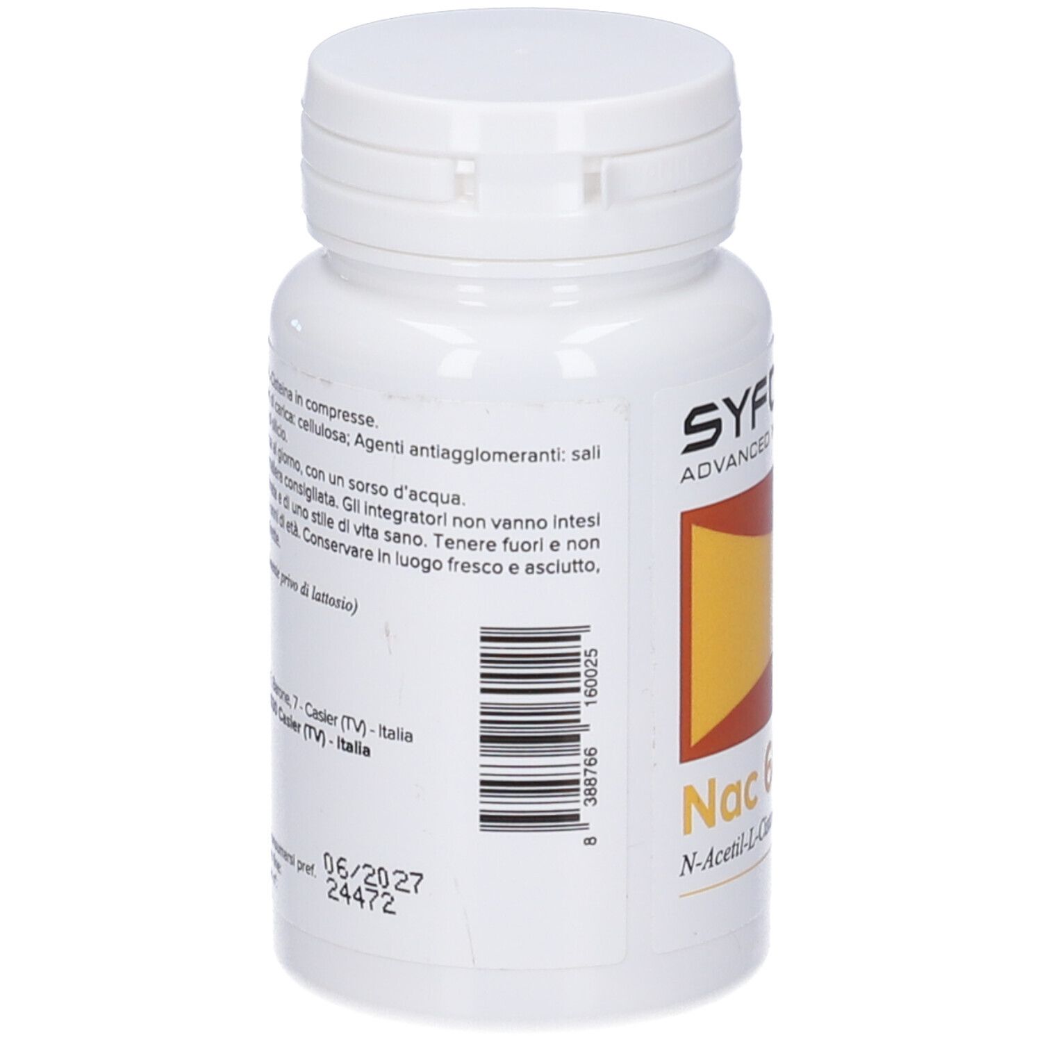 Flacone bianco con codice a barre e testo. Informazioni sul prodotto sul retro.