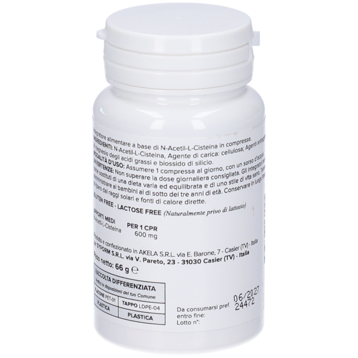 Flacone bianco con testo. Informazioni sul prodotto sul retro, tra cui 'Gluten Free - Lactose Free'.