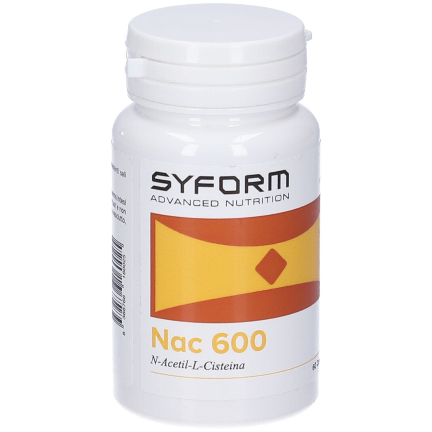 Flacone bianco con chiusura a scatto. Scritta: SYFORM, Nac 600. Design giallo-arancione.