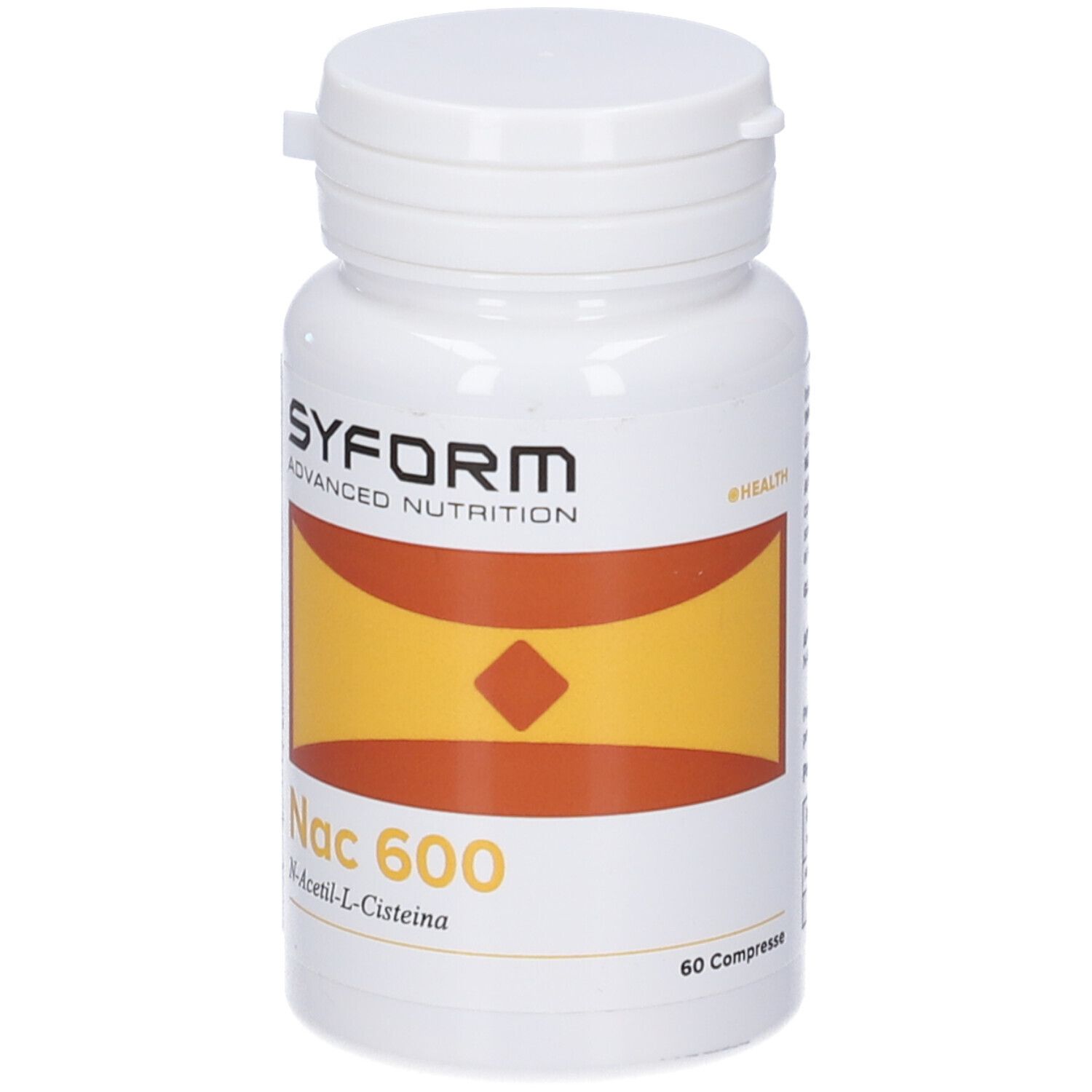 Flacone bianco con chiusura a scatto. Scritta: SYFORM, Nac 600, 60 Compresse. Design giallo-arancione.