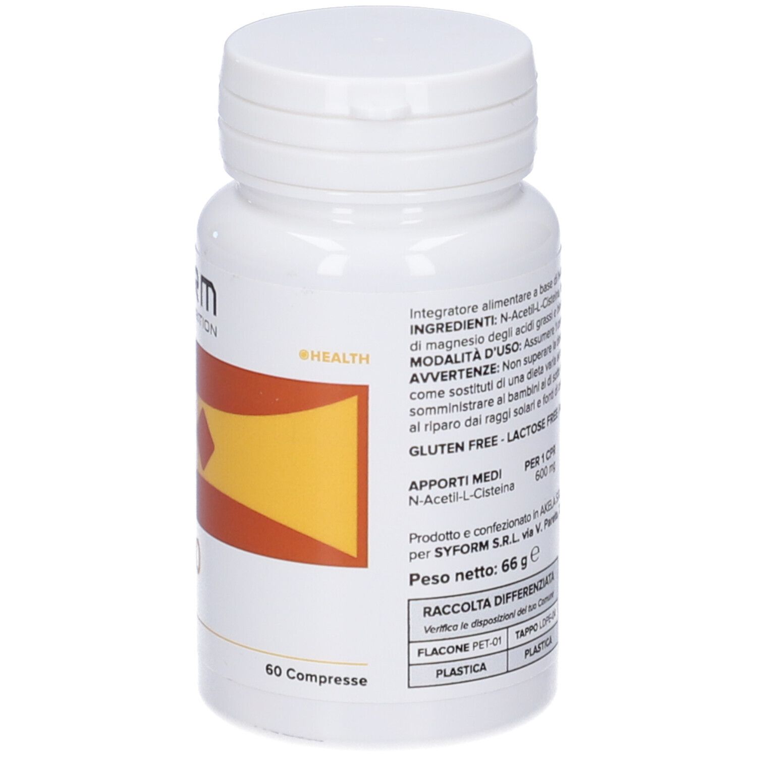 Flacone bianco con testo. Informazioni sul prodotto sul retro, tra cui 'Gluten Free - Lactose Free'.