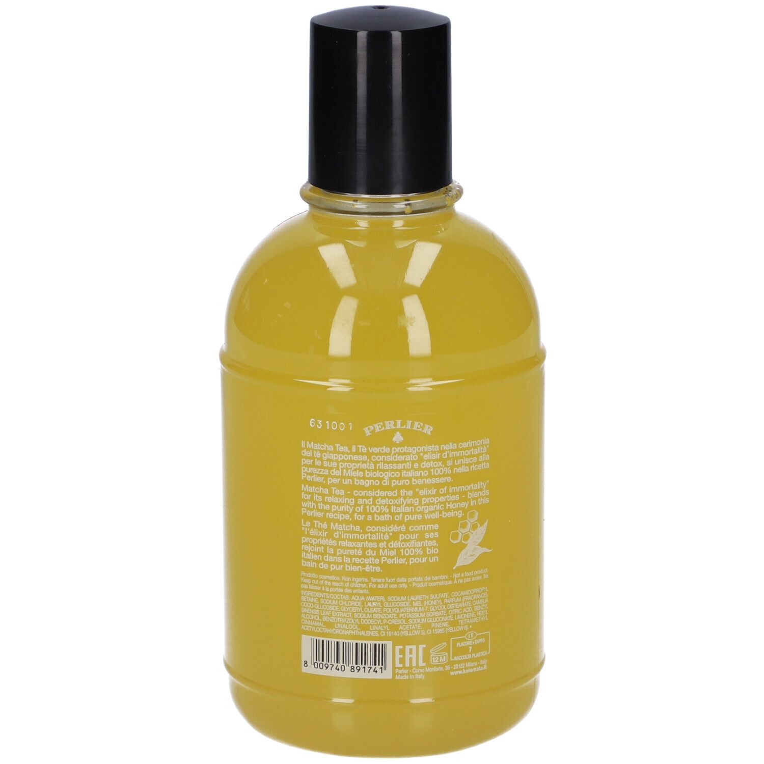 Bagnoschiuma Perlier Limone in flacone giallo con tappo nero ed etichetta ingredienti.