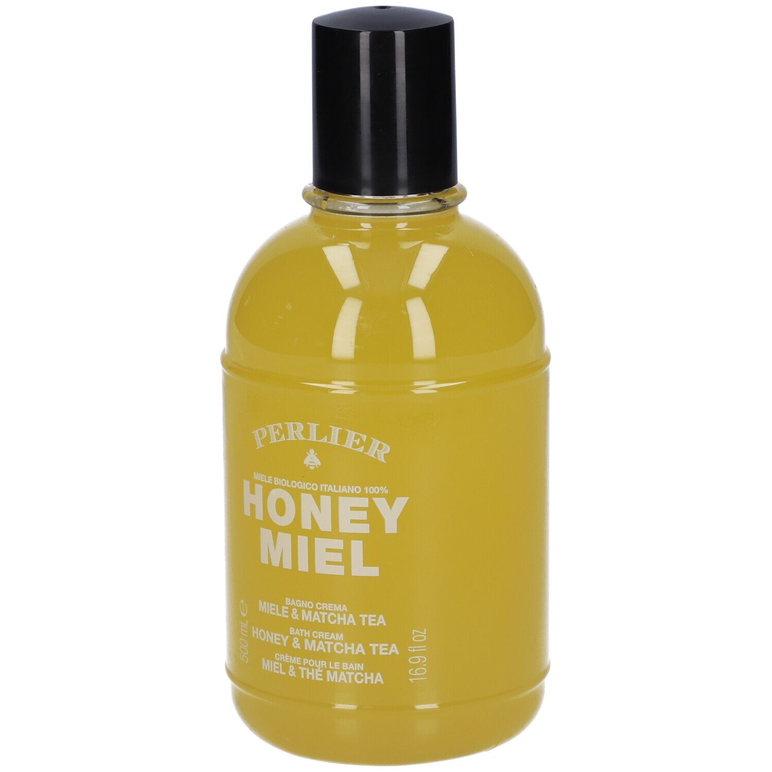 Flacone bianco con tappo nero, etichetta gialla con scritta "PERLIER HONEY MIEL BATH CREAM".