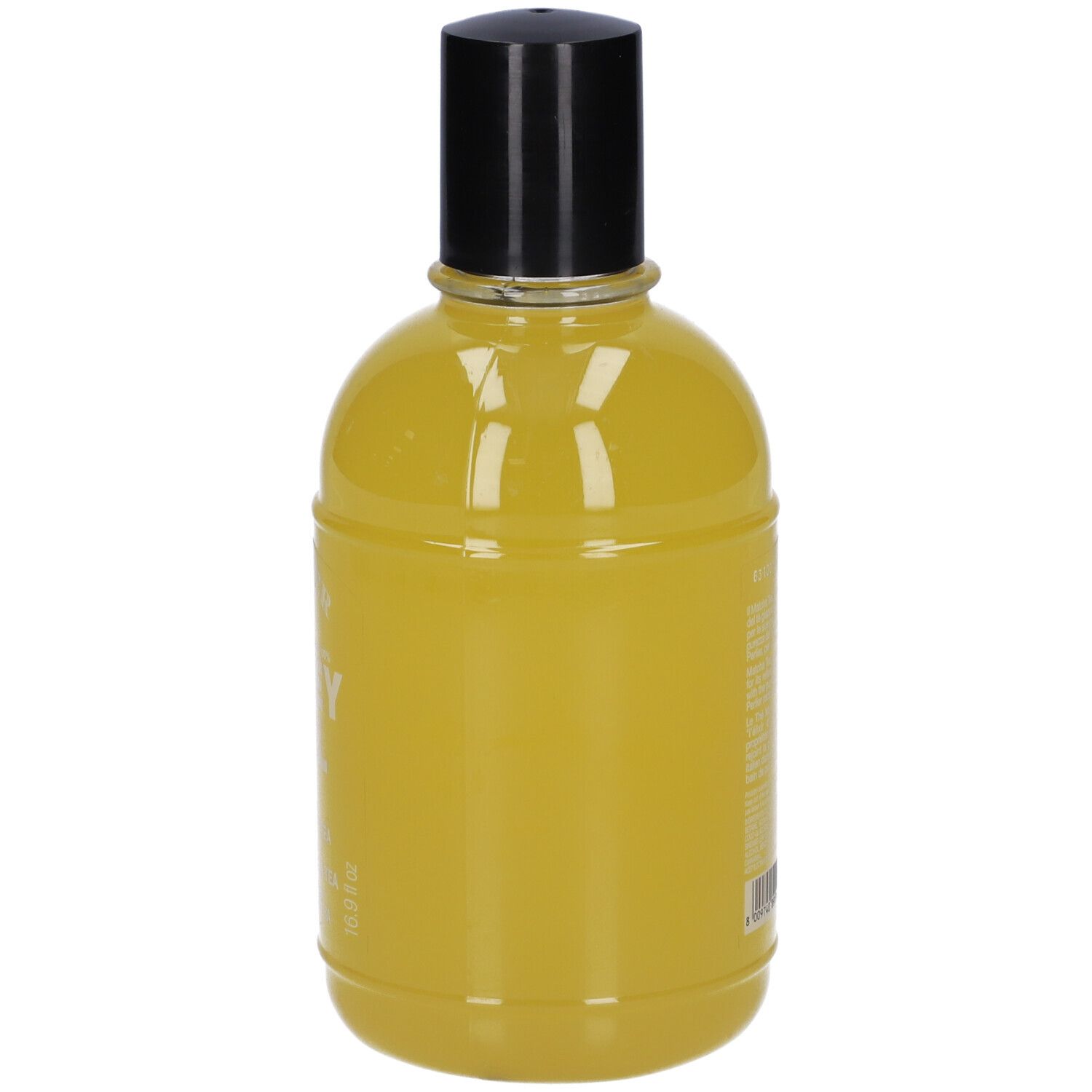 Liquido giallo in una bottiglia rotonda con tappo nero.
