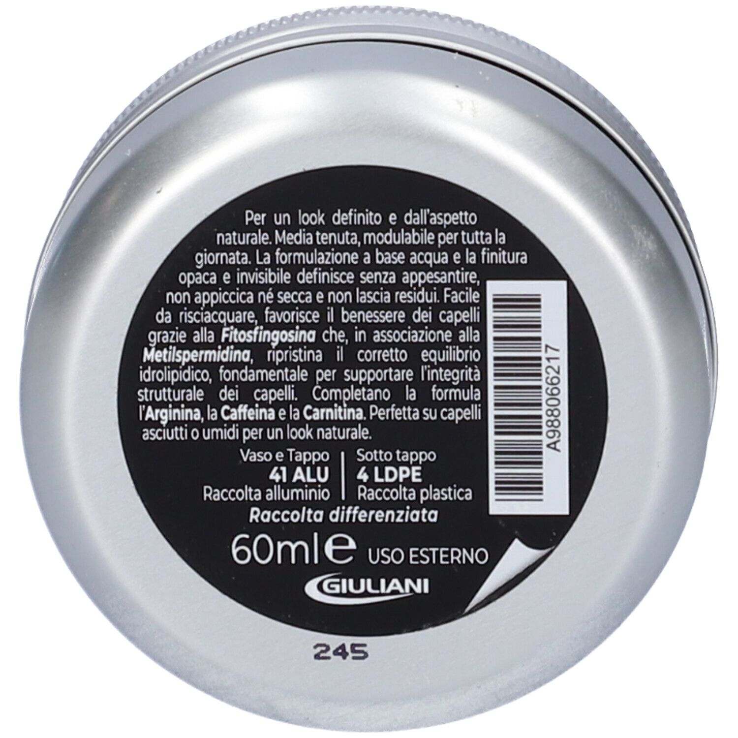 Contenitore rotondo con testo. Scritta: 60ml, Uso Esterno. Logo Giuliani. Istruzioni per il riciclo.