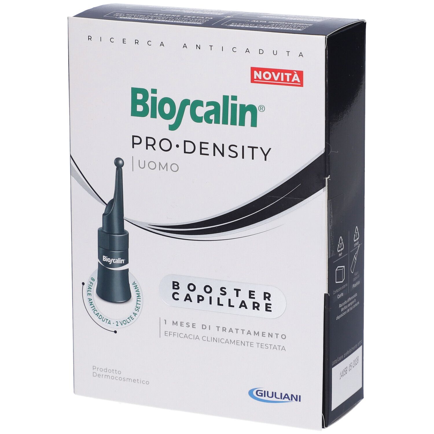 Bioscalin Pro-Density Uomo Booster Capillare, confezione. Vista dall'alto. Nome del prodotto e fiala visibili.