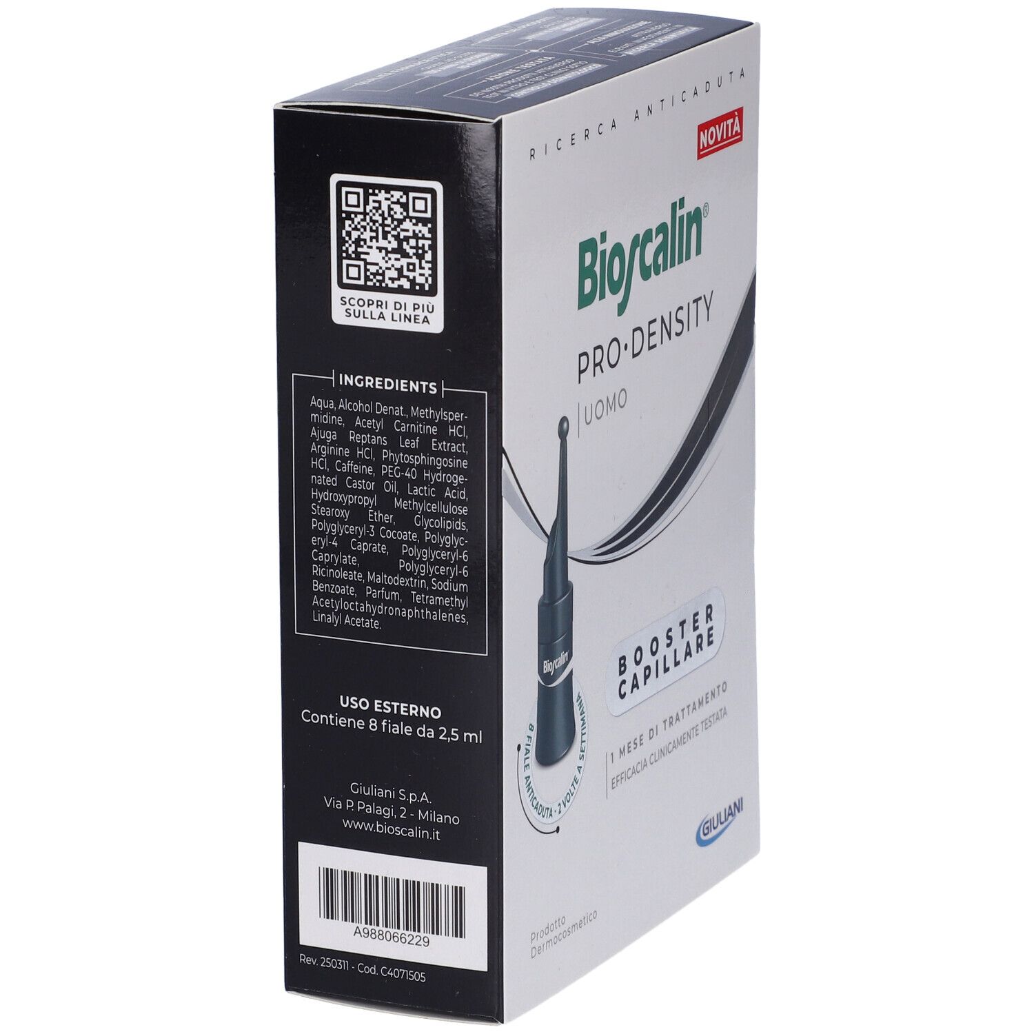 Bioscalin Pro-Density Uomo Booster Capillare, confezione. Vista laterale con elenco ingredienti e codice QR.