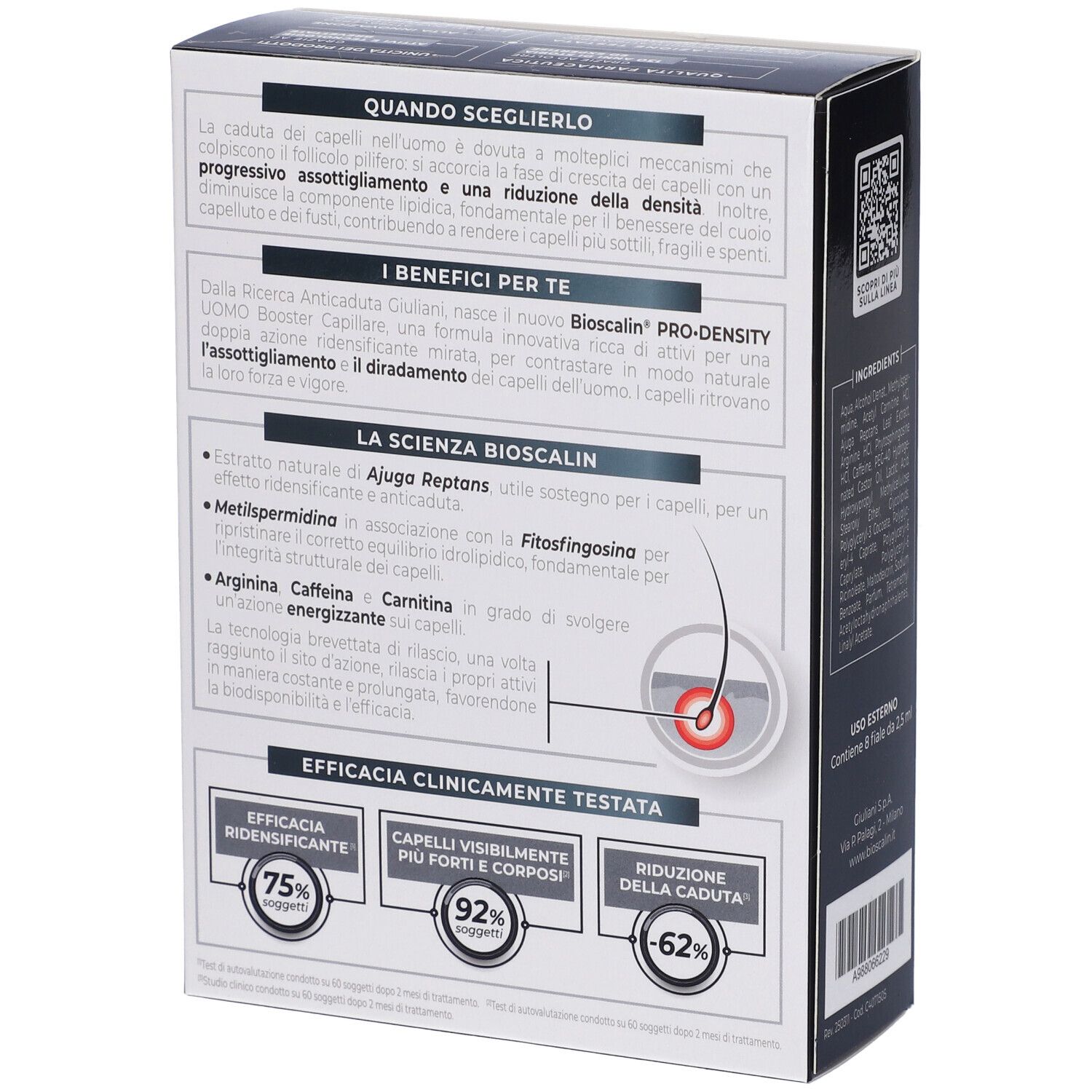 Retro della confezione Bioscalin Pro-Density Uomo Booster Capillare. Testo sugli ingredienti e l'efficacia.