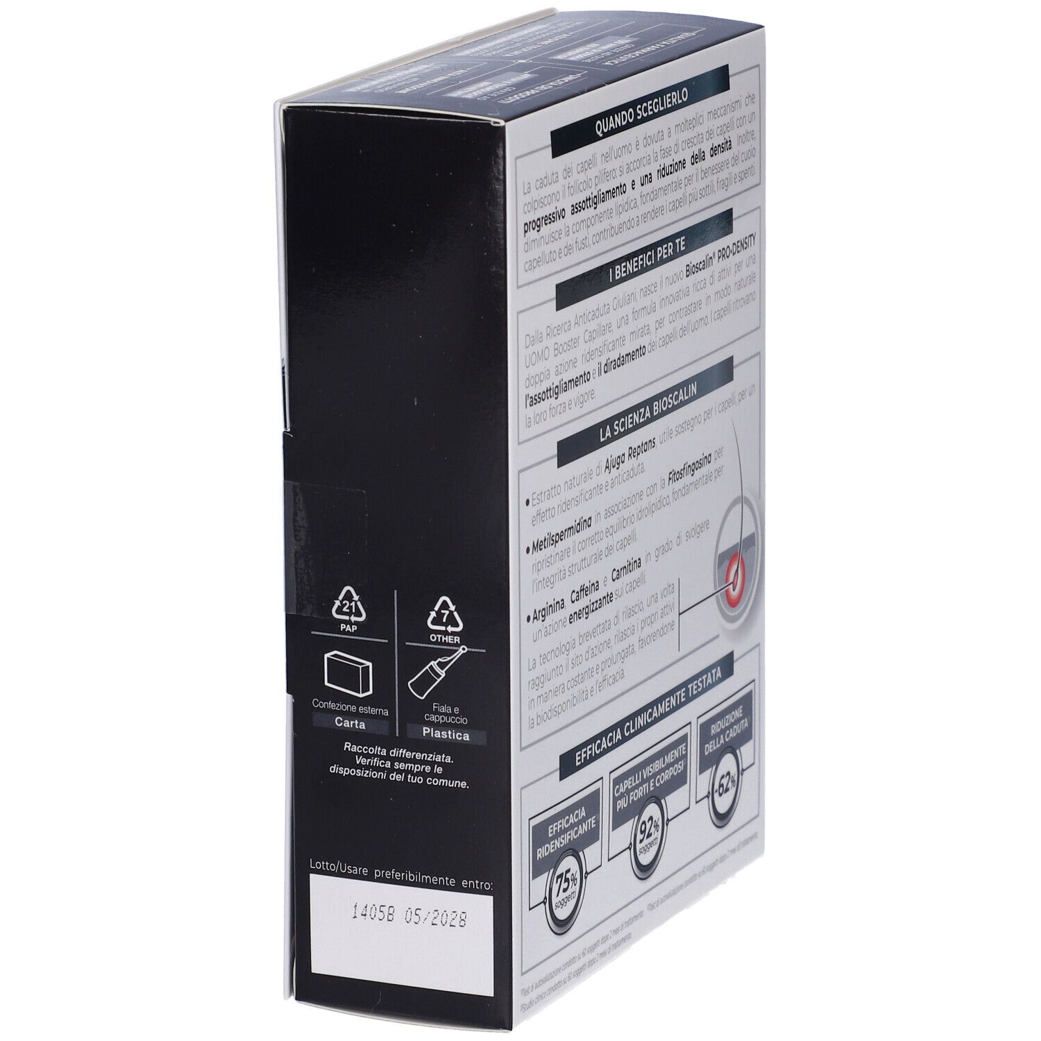 Bioscalin Pro-Density Uomo Booster Capillare, confezione. Vista laterale con simboli di riciclaggio e data di scadenza.