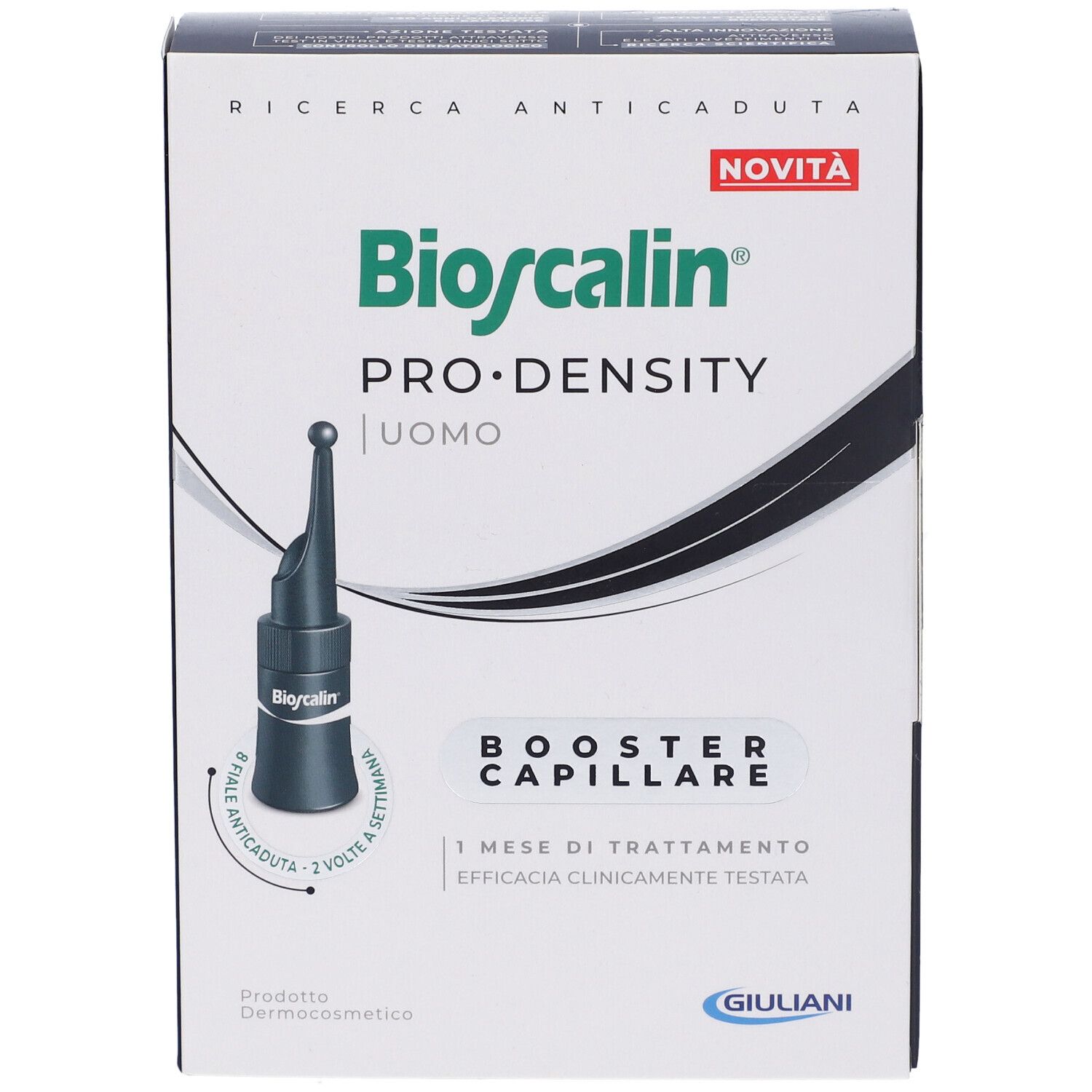 Bioscalin Pro-Density Uomo Booster Capillare, confezione. Vista frontale. Nome del prodotto e fiala visibili.