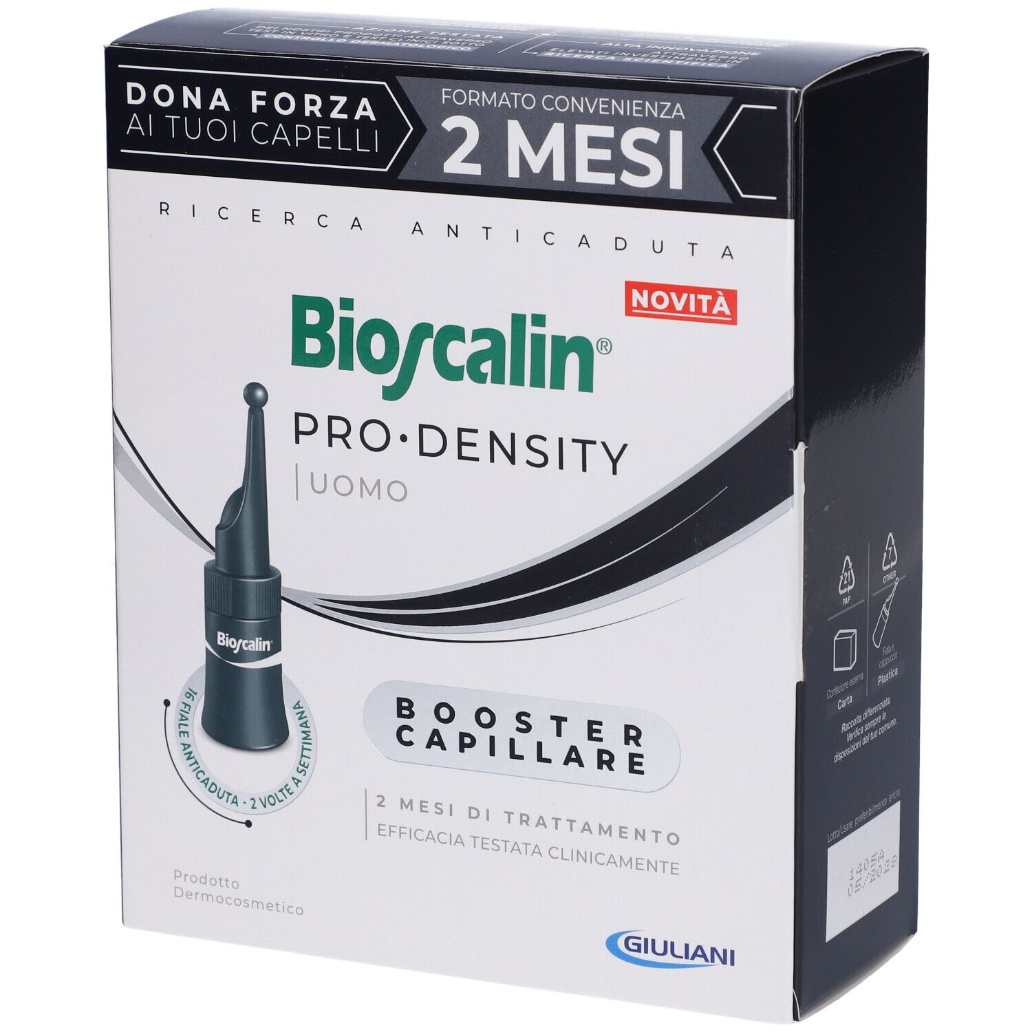 Bioscalin Pro Density Uomo. Confezione del prodotto. Testo: Dona Forza ai tuoi capelli, 2 mesi, Booster Capillare, Giuliani.