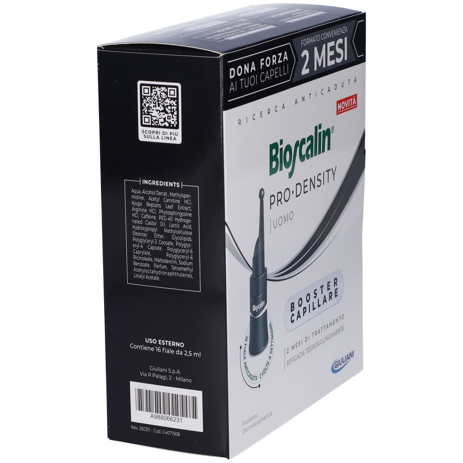 Bioscalin Pro Density Uomo. Confezione del prodotto, vista laterale. Testo: Ingredienti, 16 fiale, Giuliani.